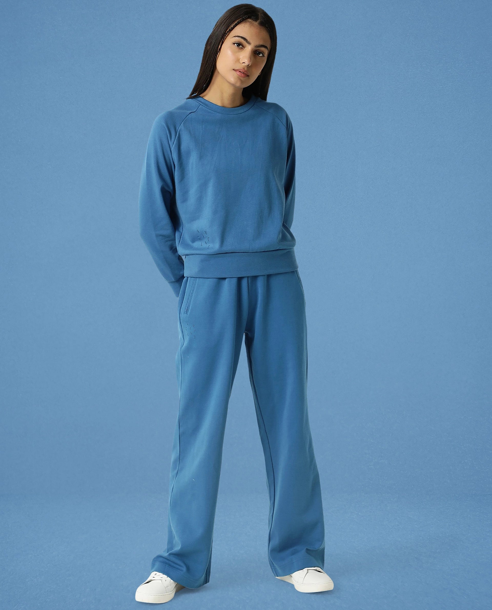 Rareism Women Cax Petrol Cotton Blend Fabric Relaxed Fit Full Sleeves Solid Round Neck Sweatshirt