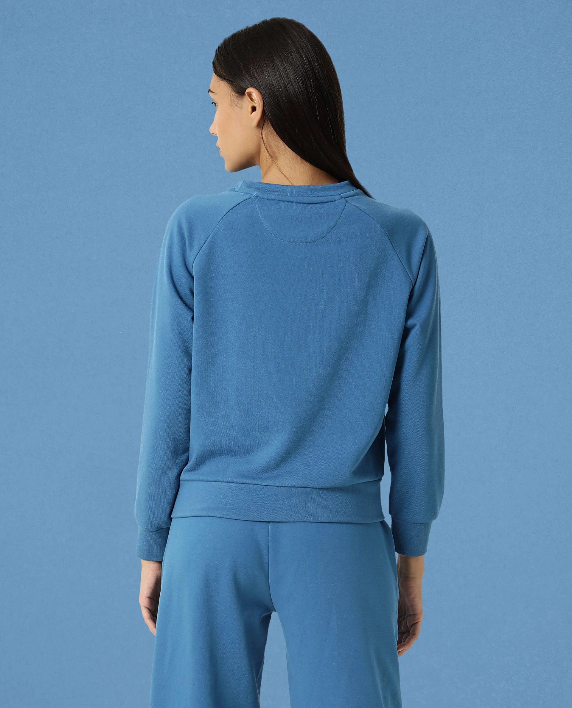 Rareism Women Cax Petrol Cotton Blend Fabric Relaxed Fit Full Sleeves Solid Round Neck Sweatshirt