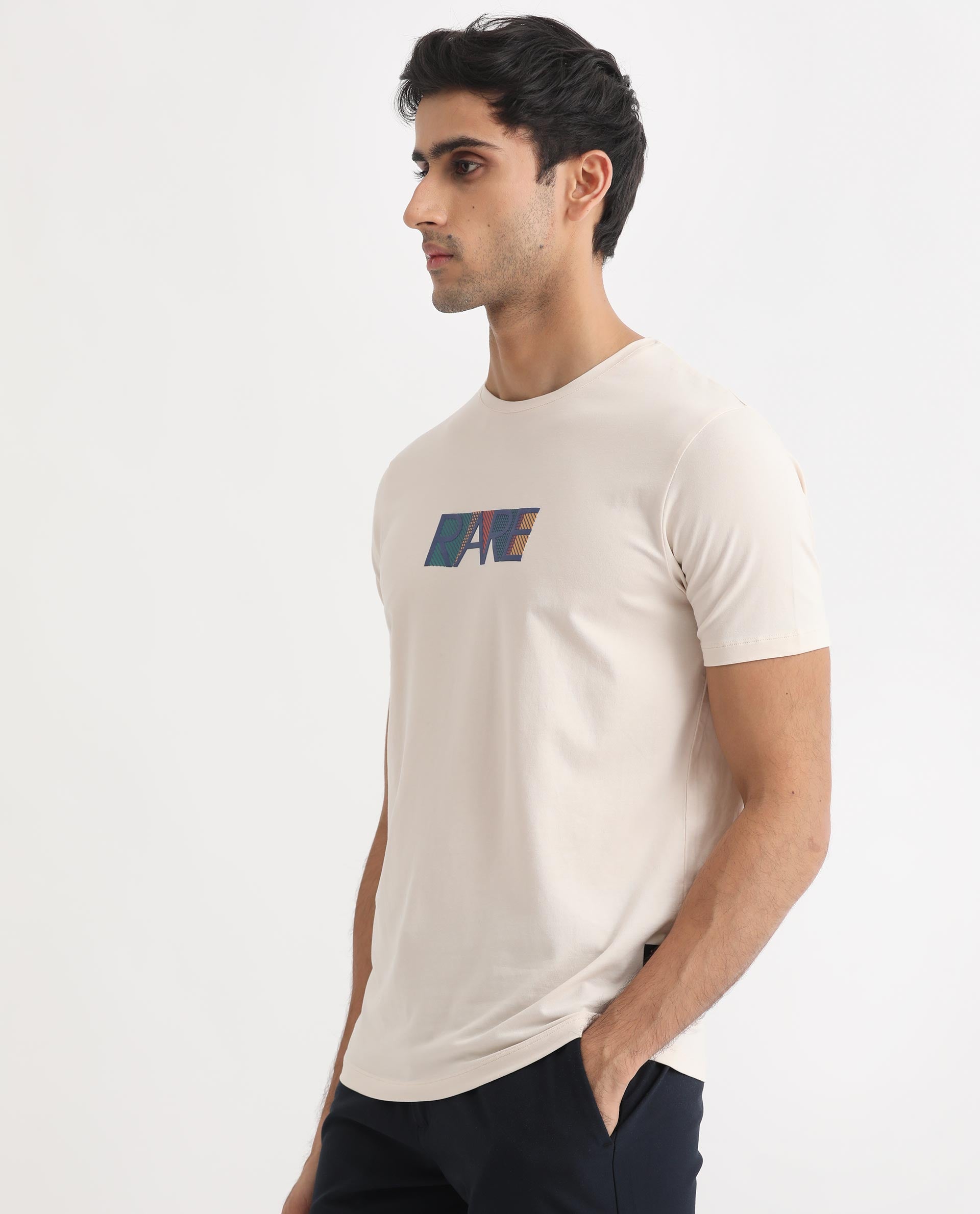 Rare Rabbit Men's Caxton Off-White Half Sleeves Regular Fit Graphic Branding Print T-Shirt