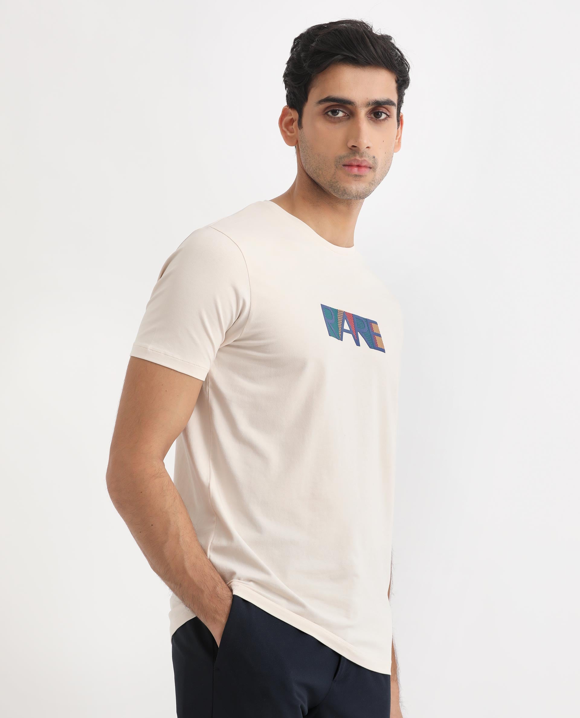 Rare Rabbit Men's Caxton Off-White Half Sleeves Regular Fit Graphic Branding Print T-Shirt