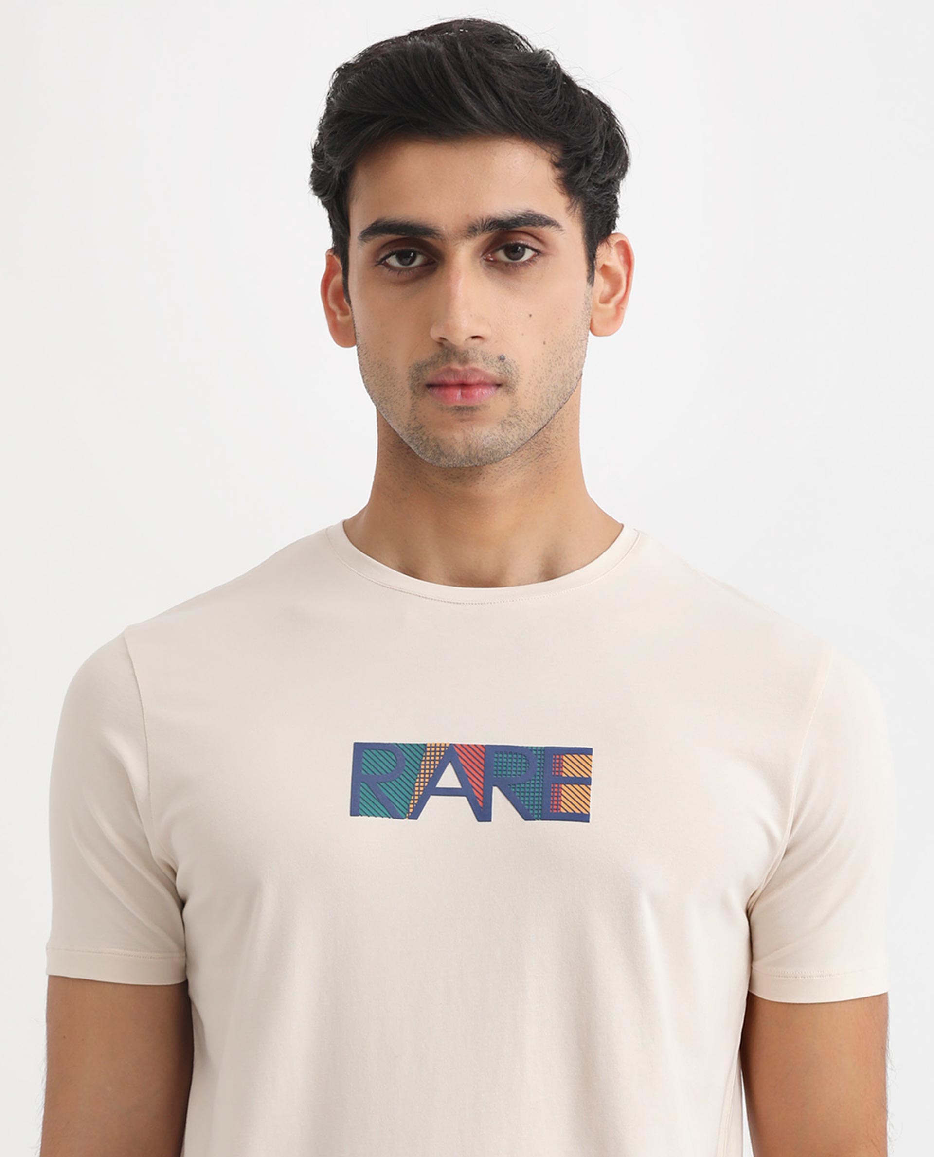 Rare Rabbit Men's Caxton Off-White Half Sleeves Regular Fit Graphic Branding Print T-Shirt