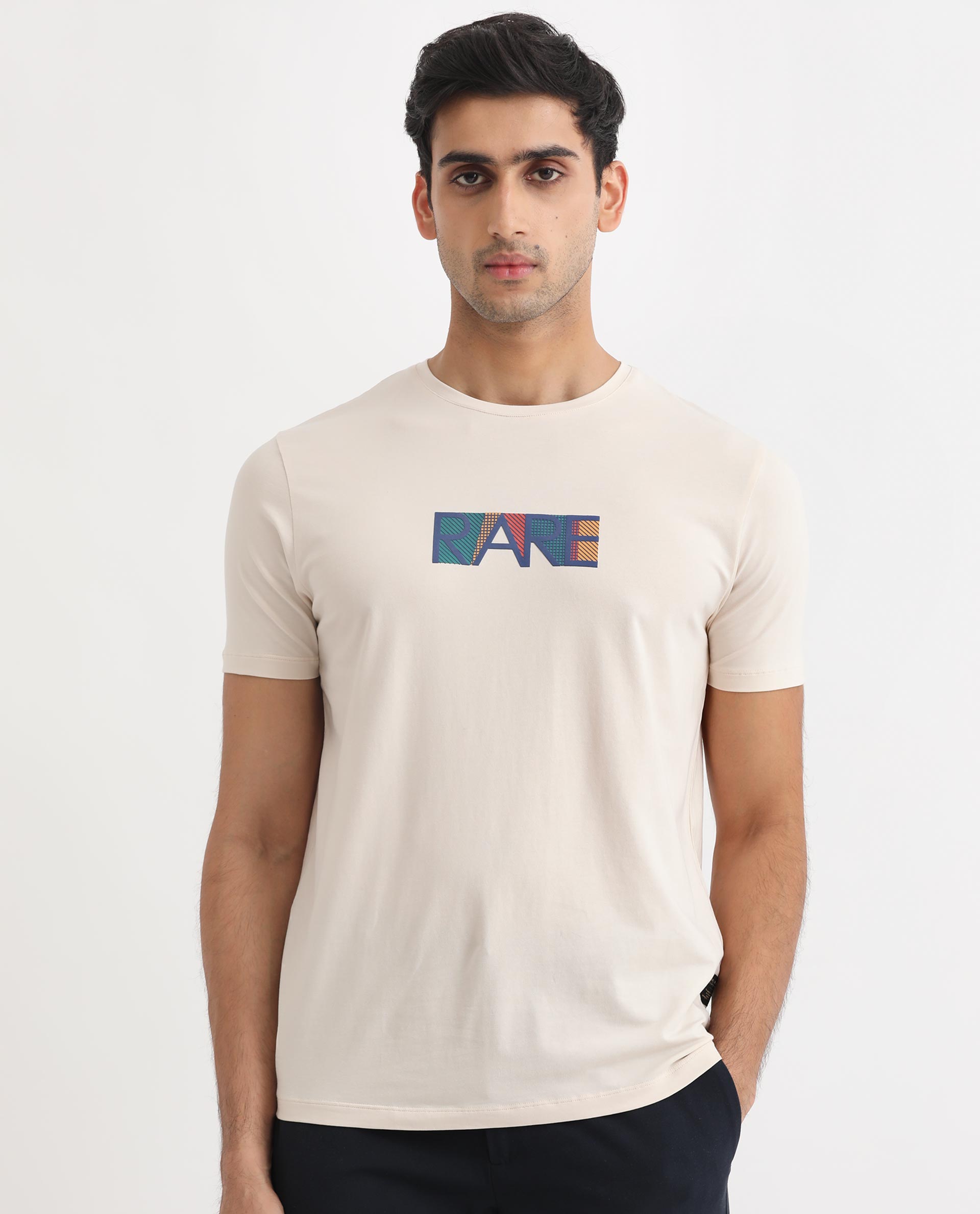 Rare Rabbit Men's Caxton Off-White Half Sleeves Regular Fit Graphic Branding Print T-Shirt