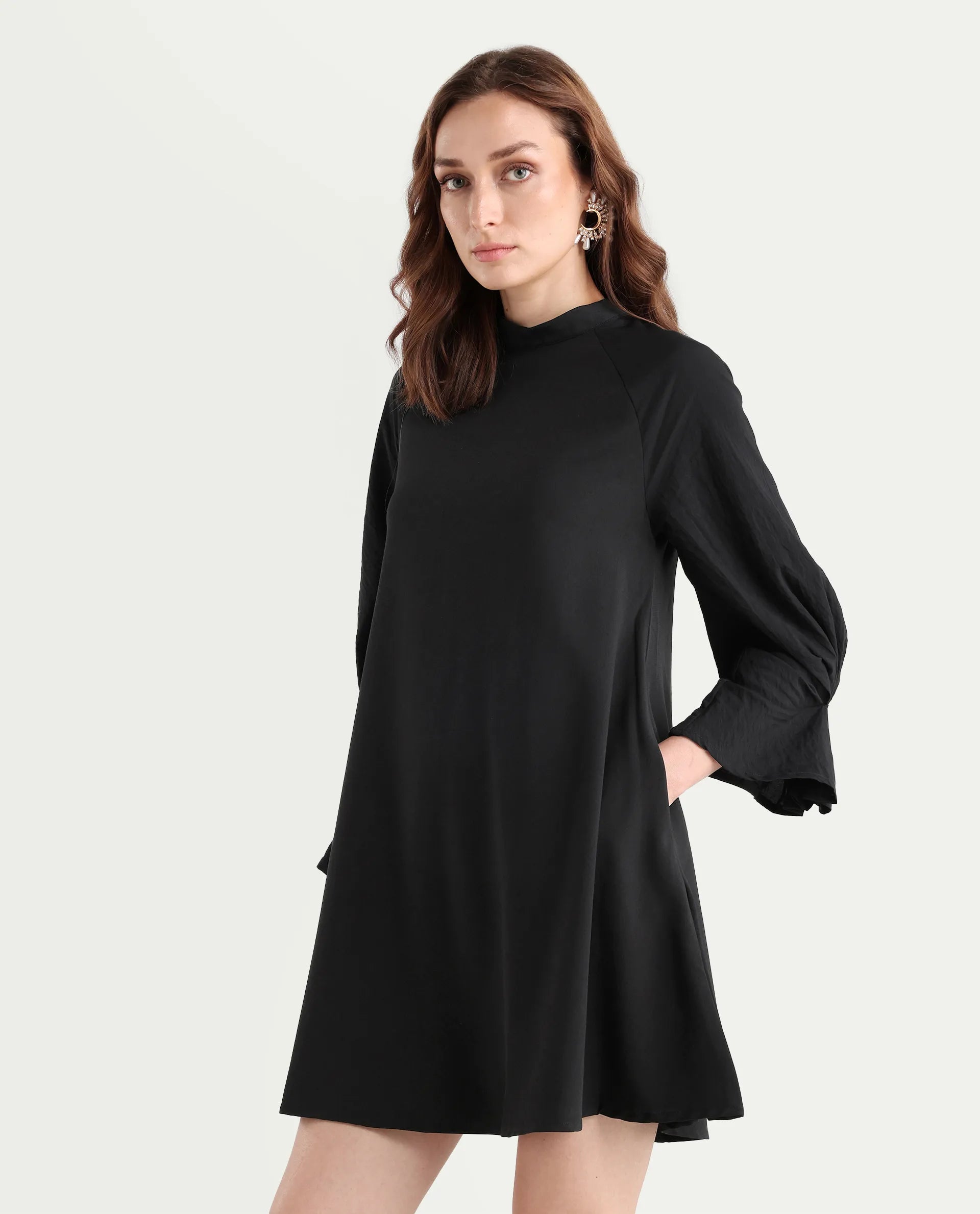 Rareism Women's Cayman Black Cotton Blend High Neck Plain Fashion Sleeve Midi Straight Fit Dress