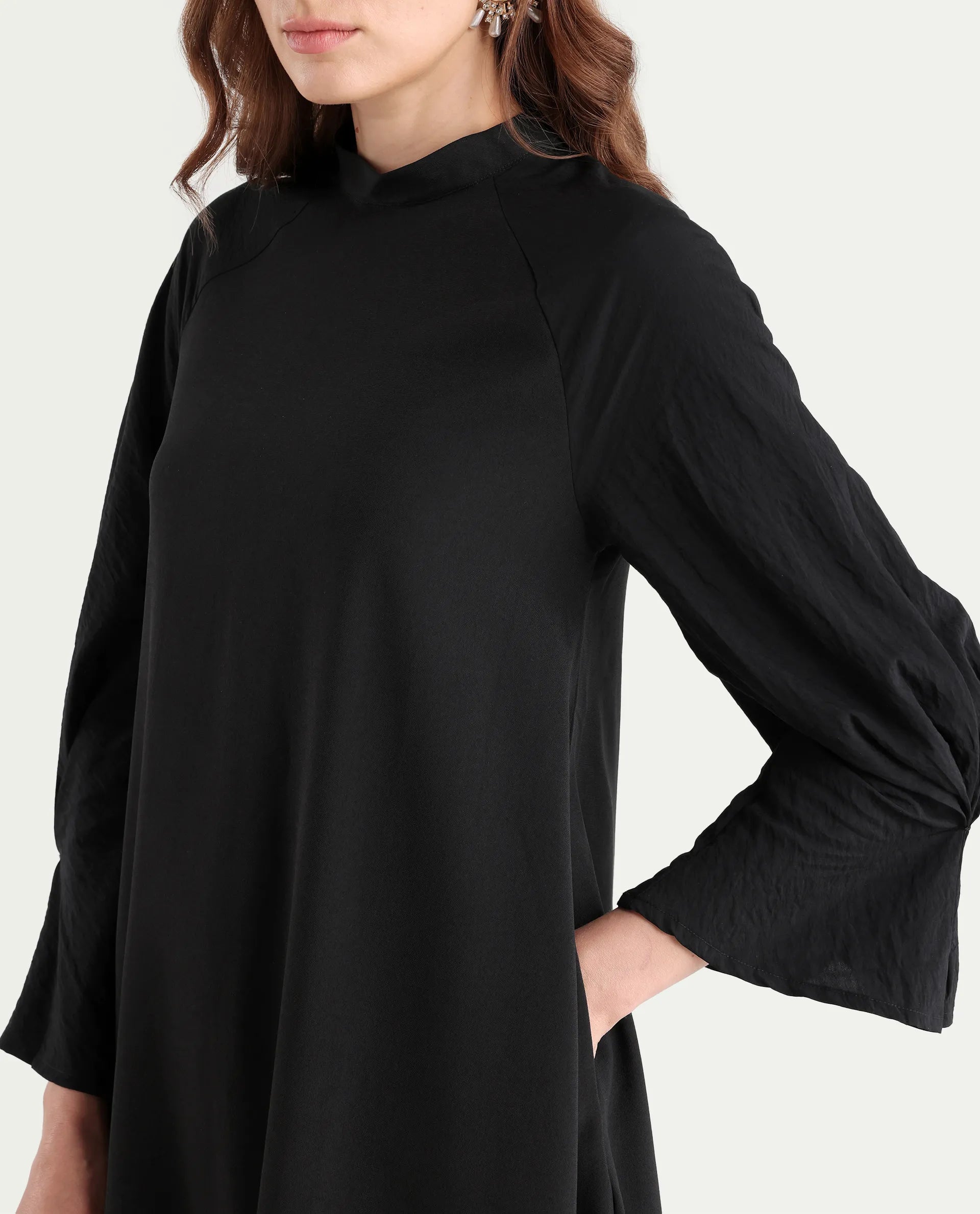 Rareism Women's Cayman Black Cotton Blend High Neck Plain Fashion Sleeve Midi Straight Fit Dress