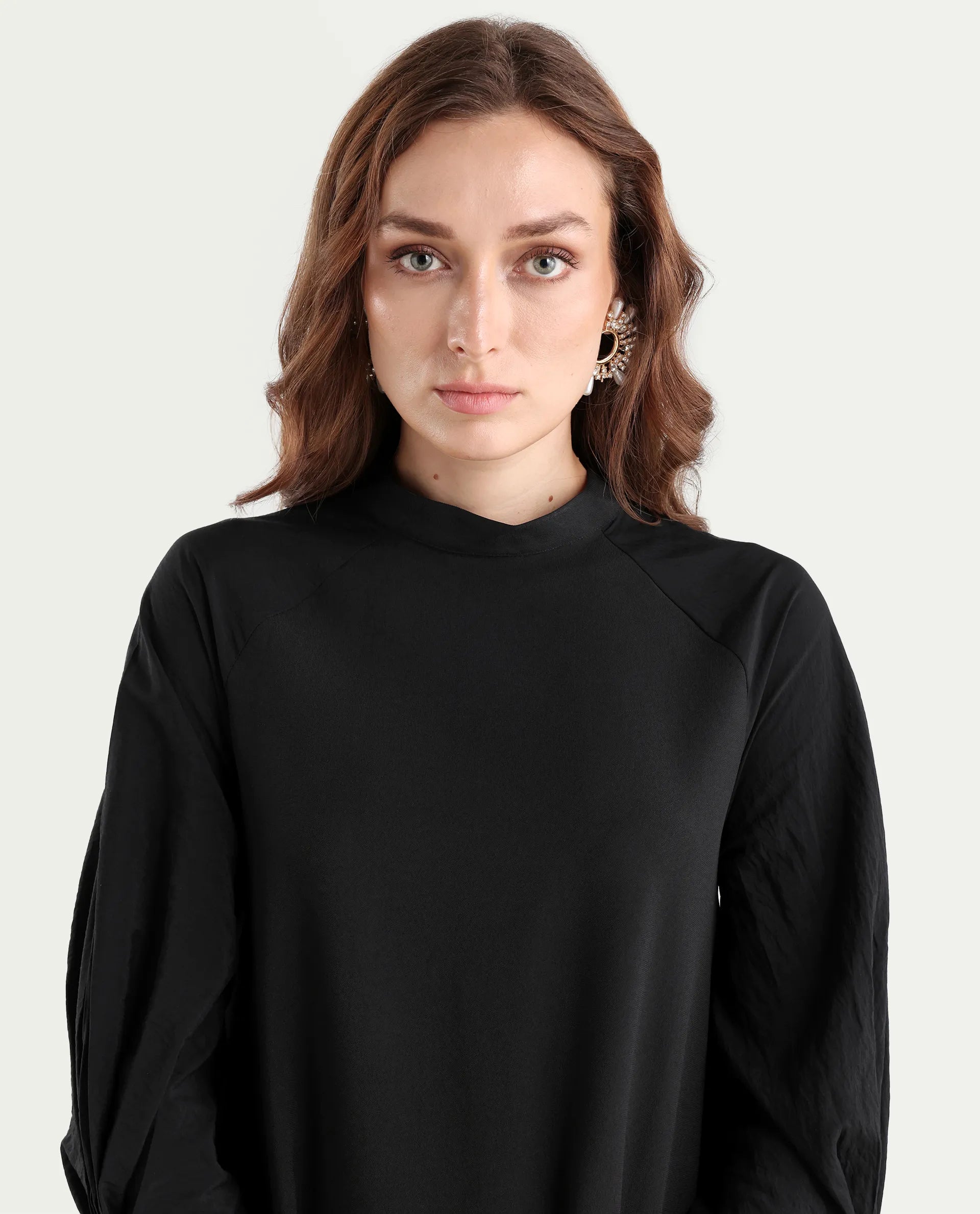 Rareism Women's Cayman Black Cotton Blend High Neck Plain Fashion Sleeve Midi Straight Fit Dress