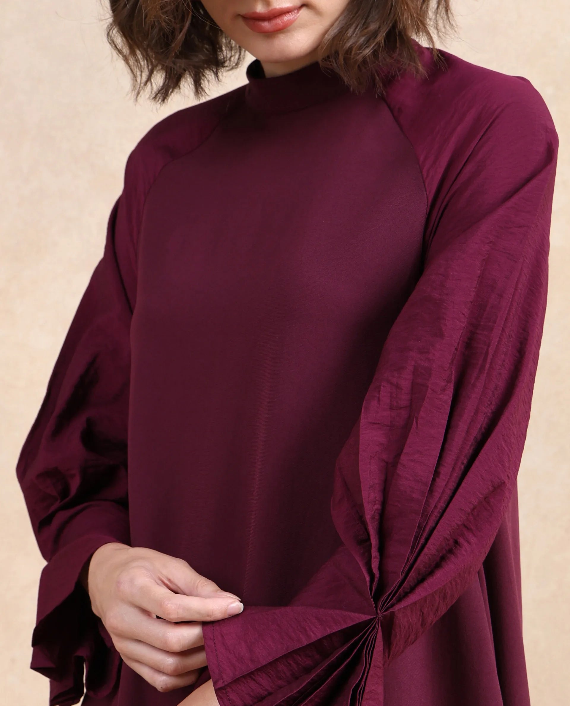 Rareism Women Cayman Maroon Polyester Fabric Fashion Sleeve High Neck Zipper Closure Straight Fit Midi Plain Dress