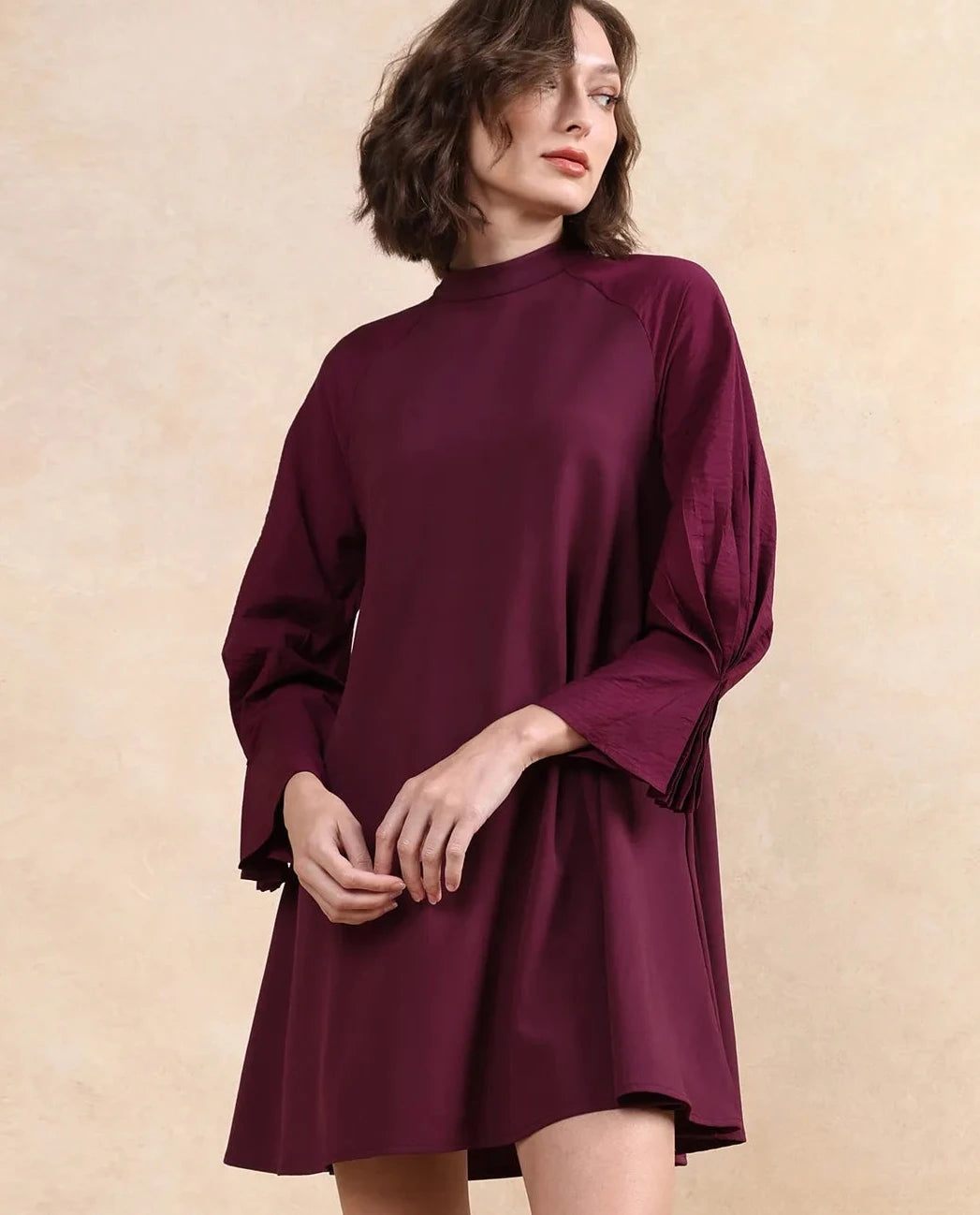 Rareism Women Cayman Maroon Polyester Fabric Fashion Sleeve High Neck Zipper Closure Straight Fit Midi Plain Dress