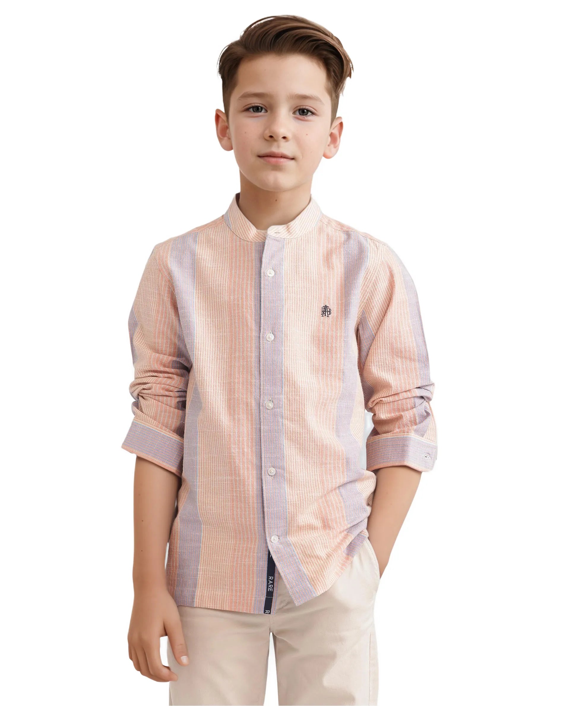 Rare Ones Kids Cazac Light Orange Cotton Full Sleeve Mandarin Collar Striped Shirt