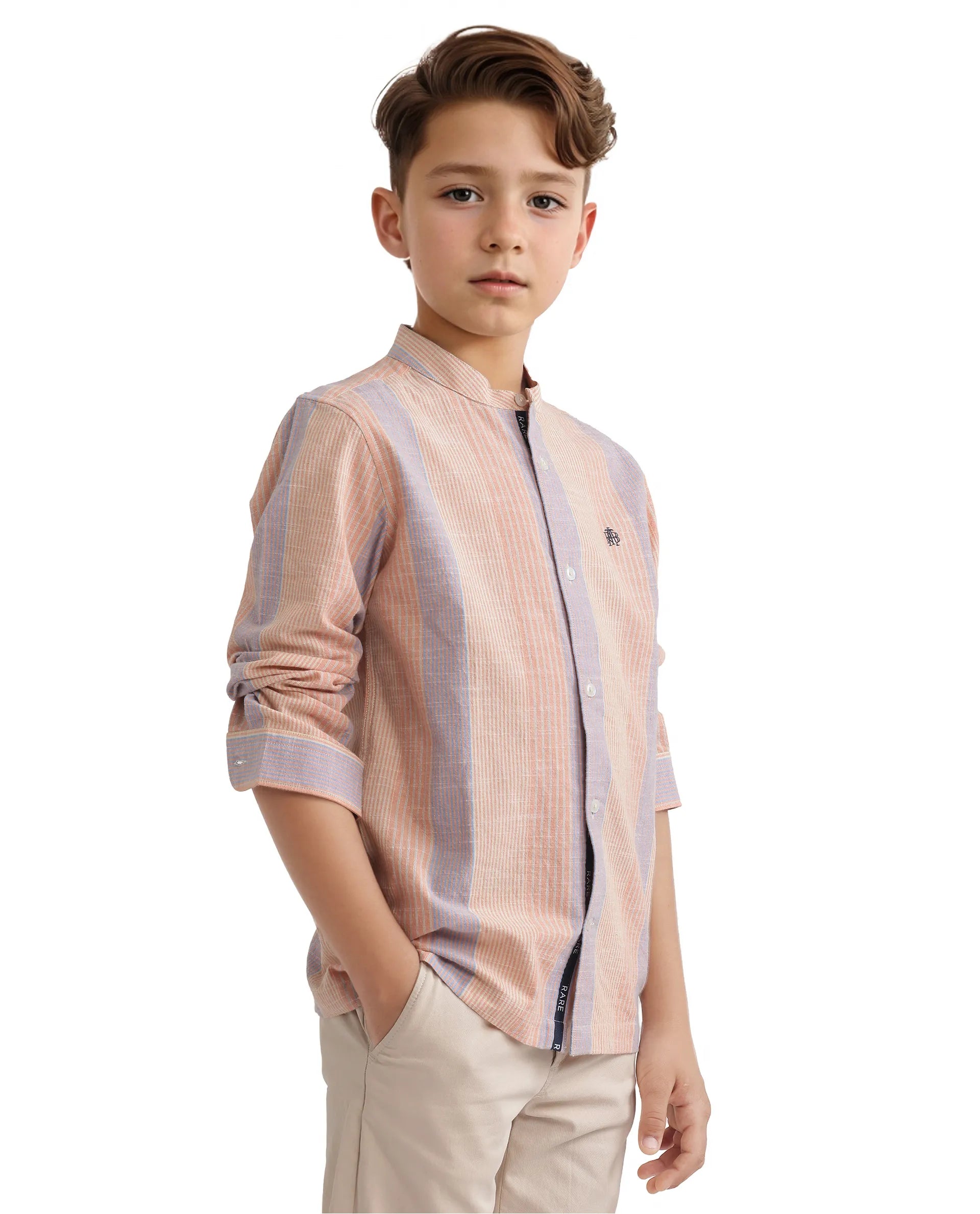 Rare Ones Kids Cazac Light Orange Cotton Full Sleeve Mandarin Collar Striped Shirt