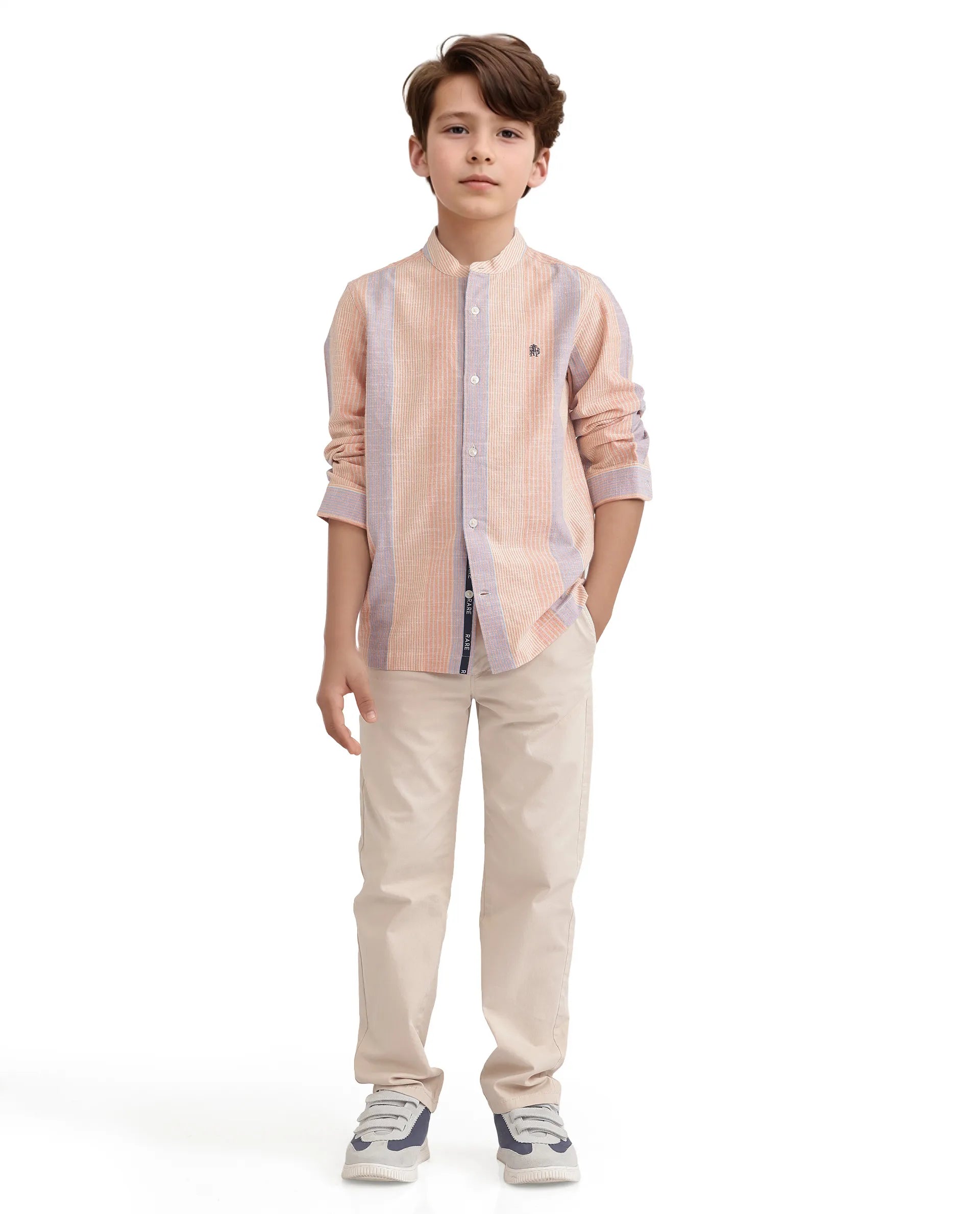 Rare Ones Kids Cazac Light Orange Cotton Full Sleeve Mandarin Collar Striped Shirt