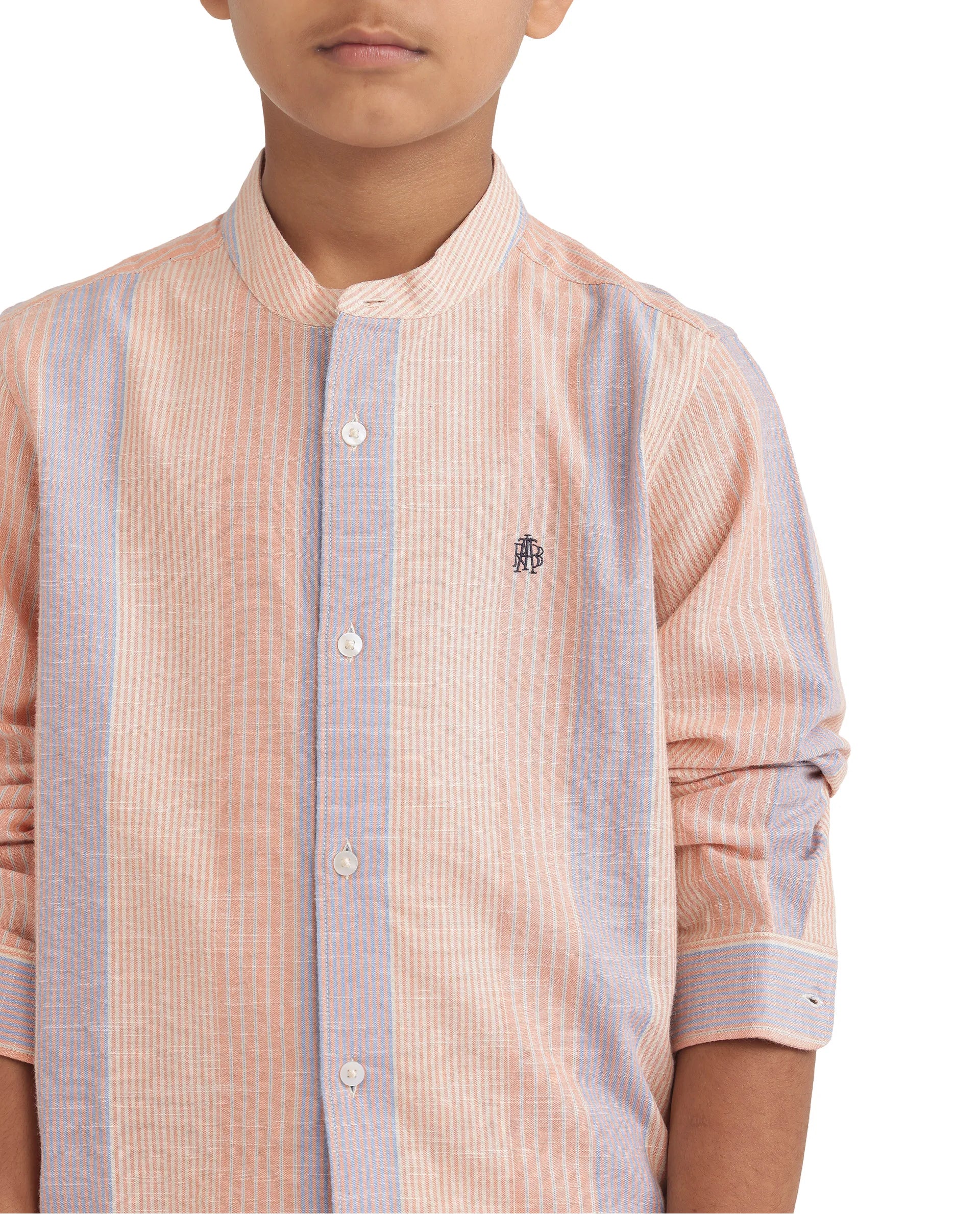 Rare Ones Kids Cazac Light Orange Cotton Full Sleeve Mandarin Collar Striped Shirt