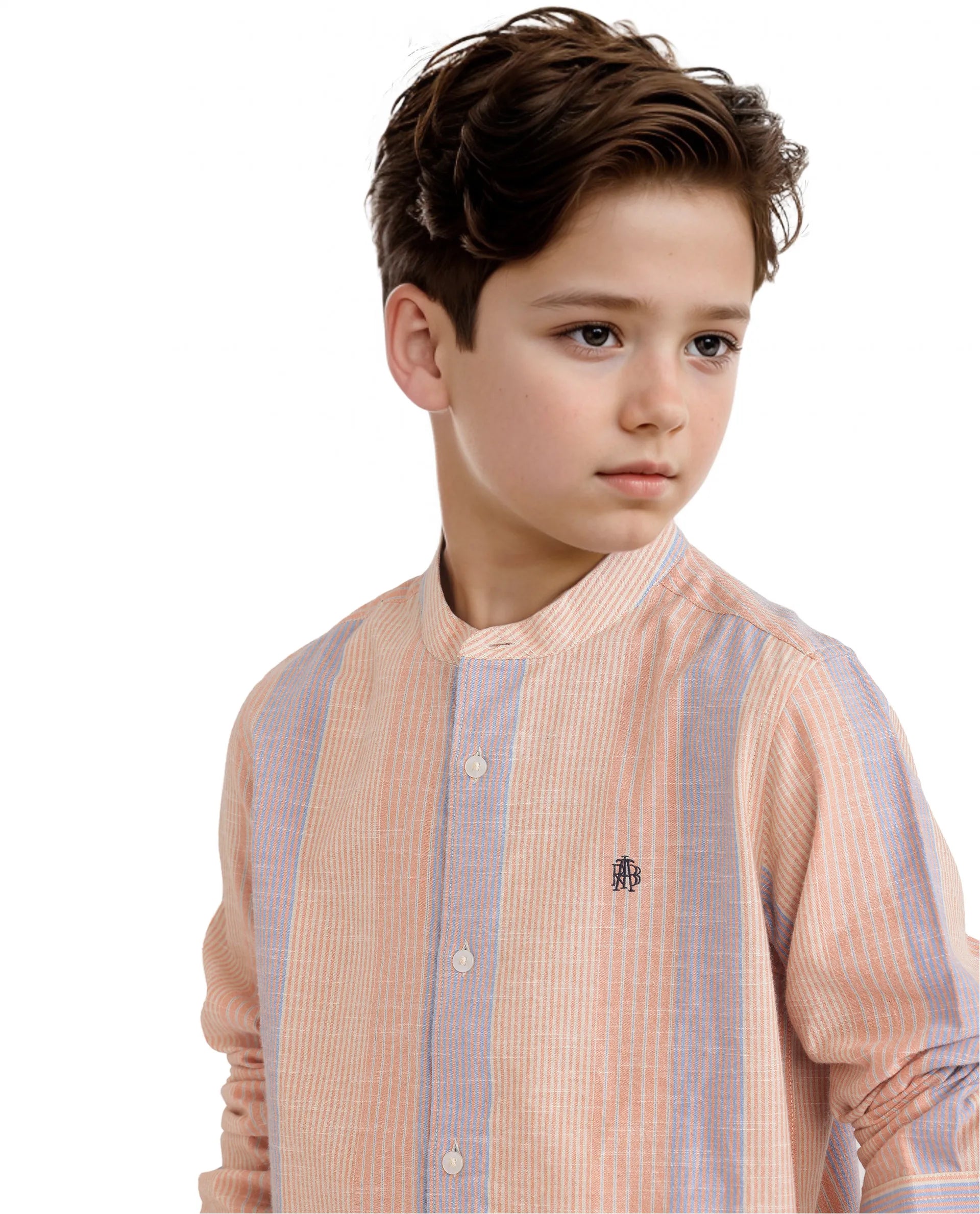 Rare Ones Kids Cazac Light Orange Cotton Full Sleeve Mandarin Collar Striped Shirt