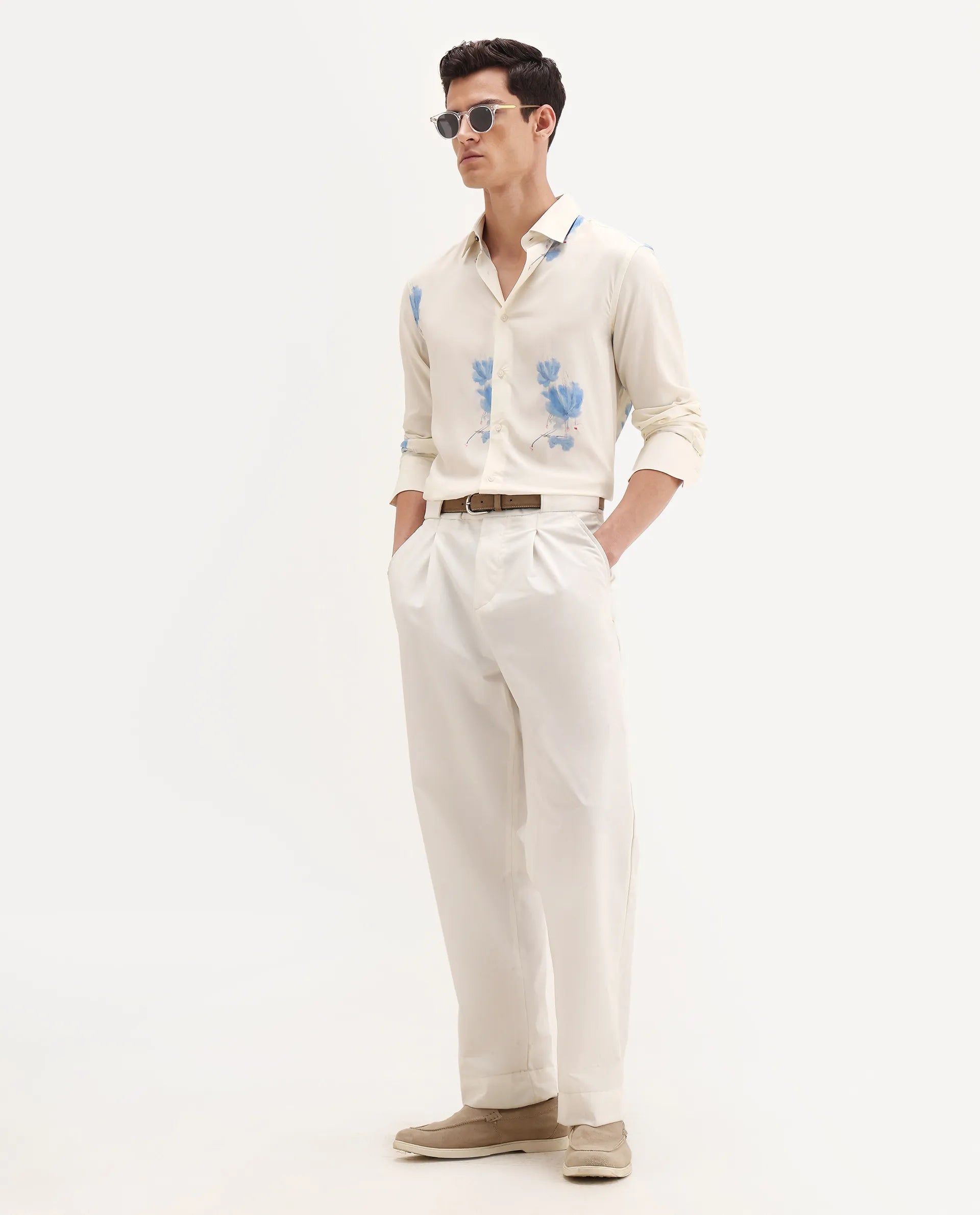 Rare Rabbit Men's Cazar-25 Off White Viscose Blend Fabric Spread Collar Regular Fit Floral Print Shirt