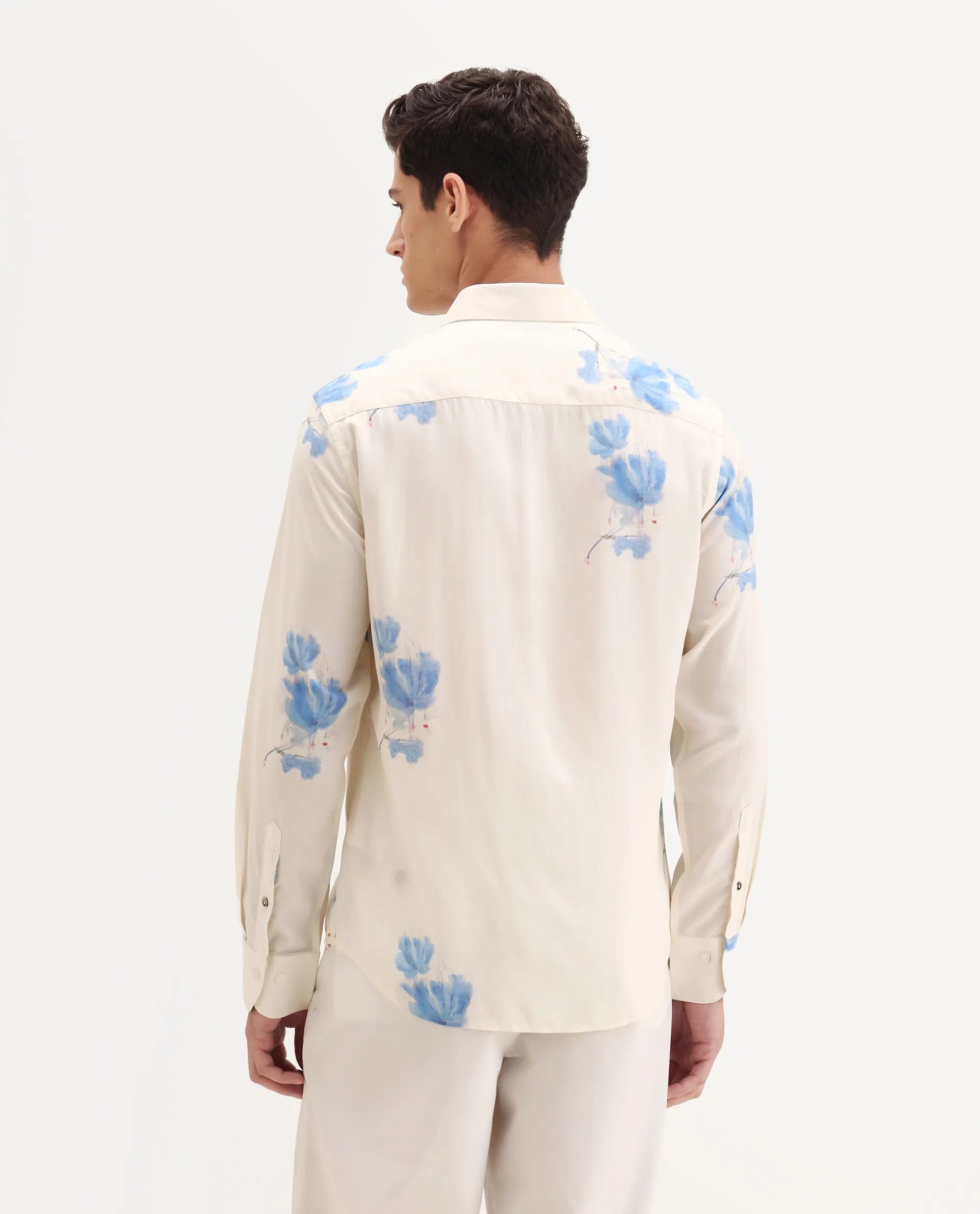 Rare Rabbit Men's Cazar-25 Off White Viscose Blend Fabric Spread Collar Regular Fit Floral Print Shirt