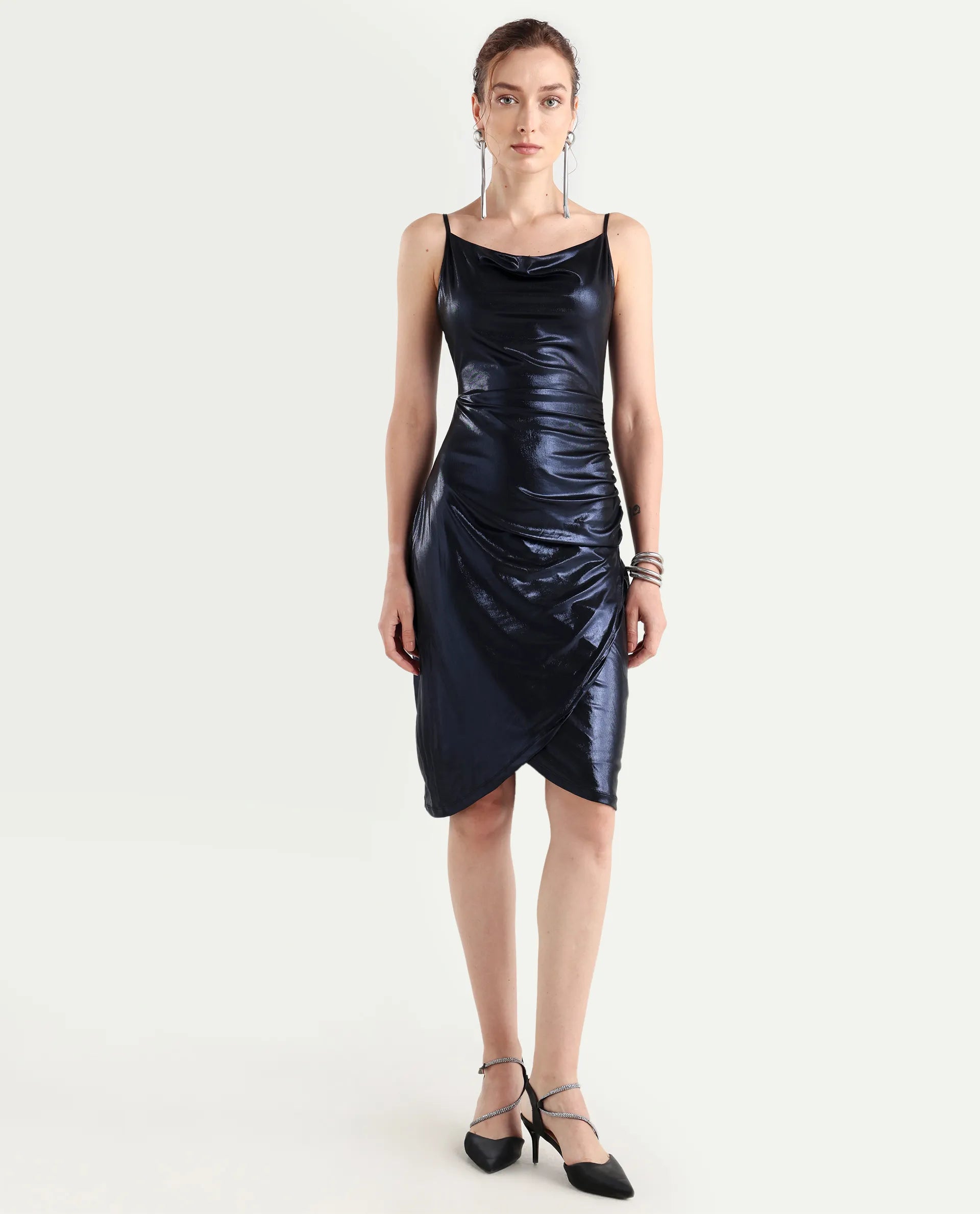 Rareism Women's Cebu Metallic Blue Polyester Cowl Neck Plain Sleeveless Midi Fitted Dress