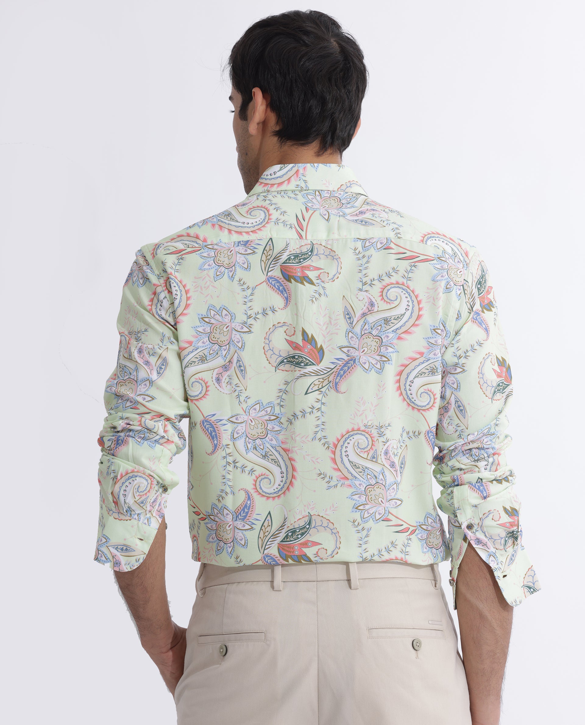 Rare Rabbit Men's Cecilia Green Rayon Linen Fabric Full Sleeves Paisley Print Shirt