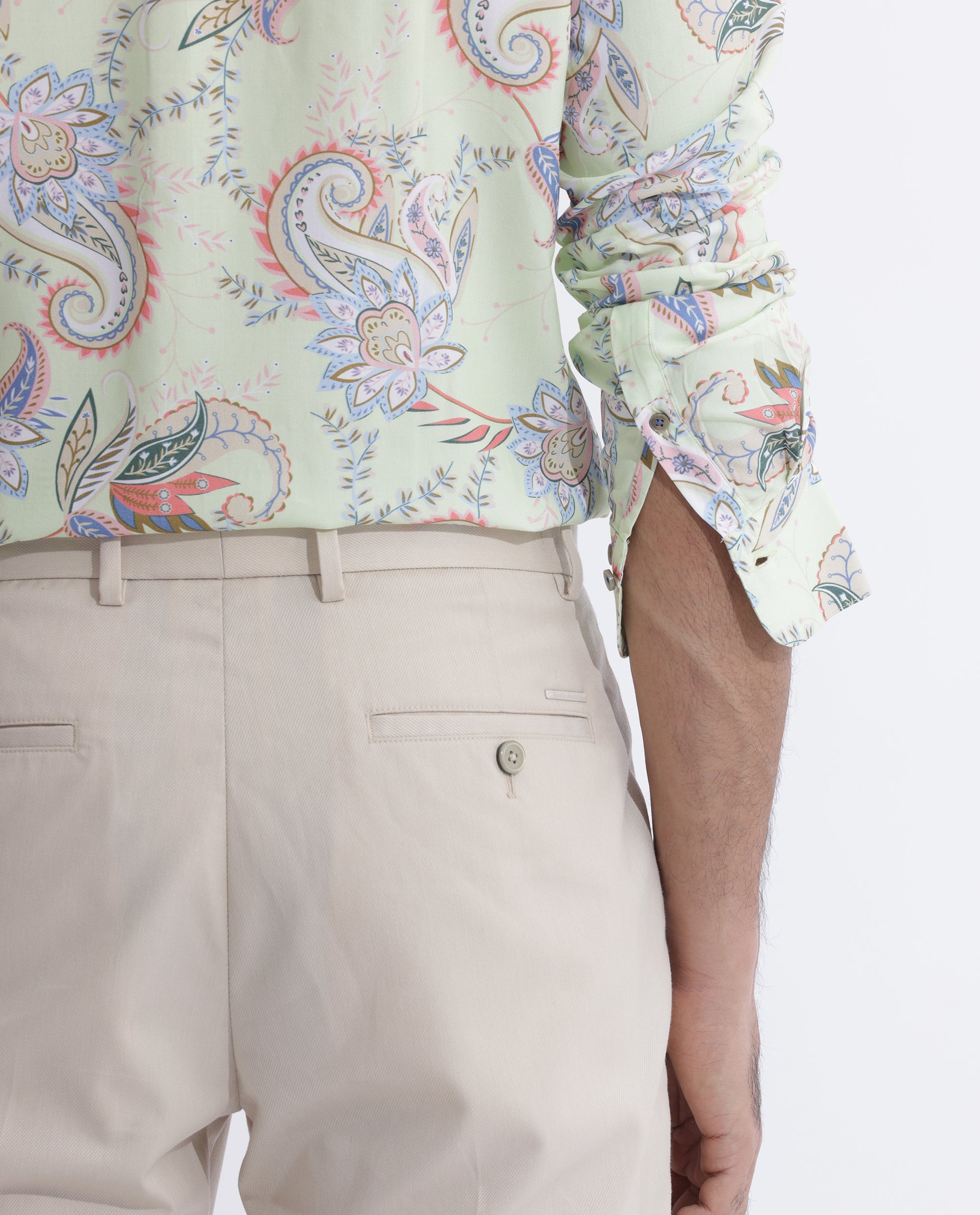 Rare Rabbit Men's Cecilia Green Rayon Linen Fabric Full Sleeves Paisley Print Shirt