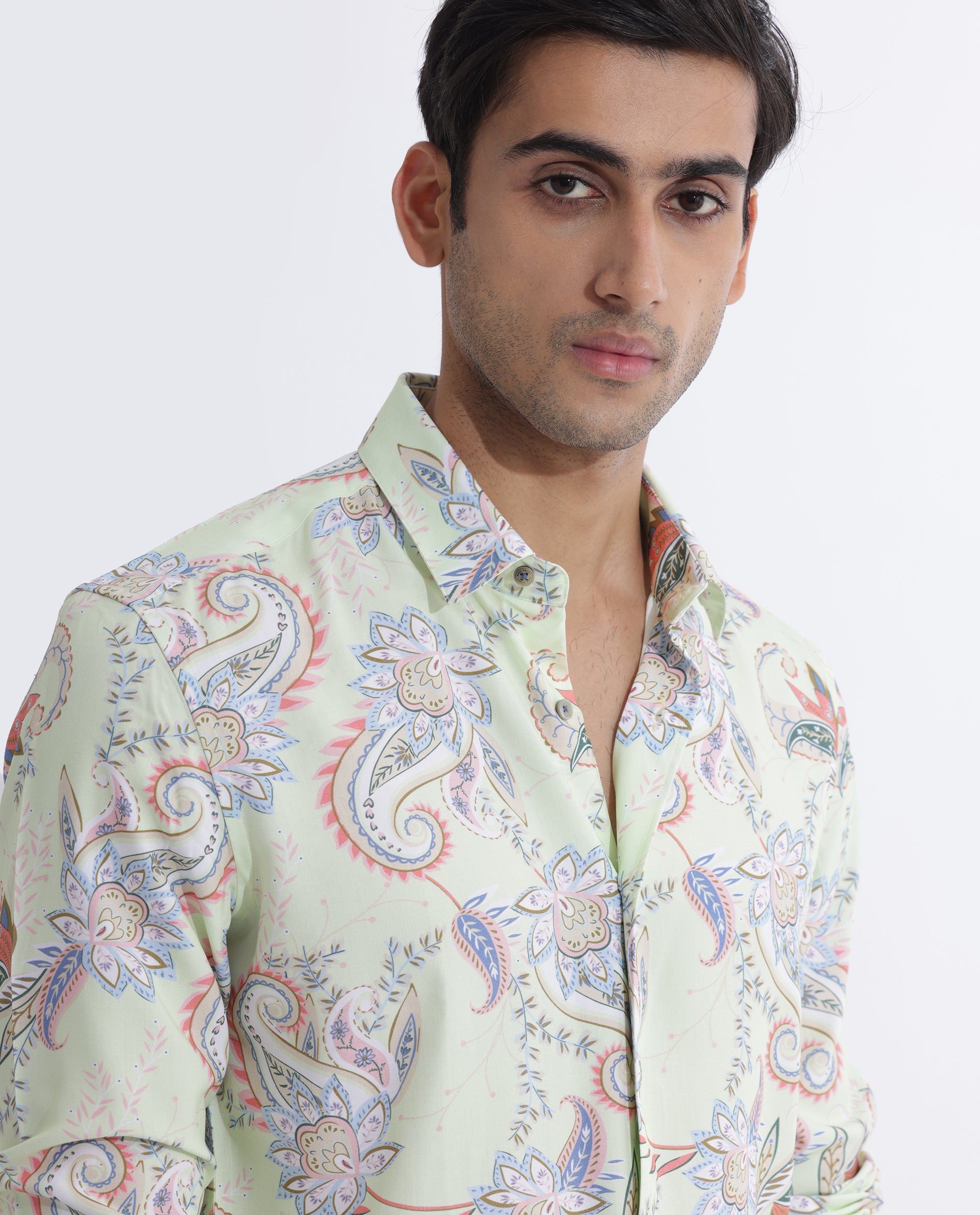 Rare Rabbit Men's Cecilia Green Rayon Linen Fabric Full Sleeves Paisley Print Shirt