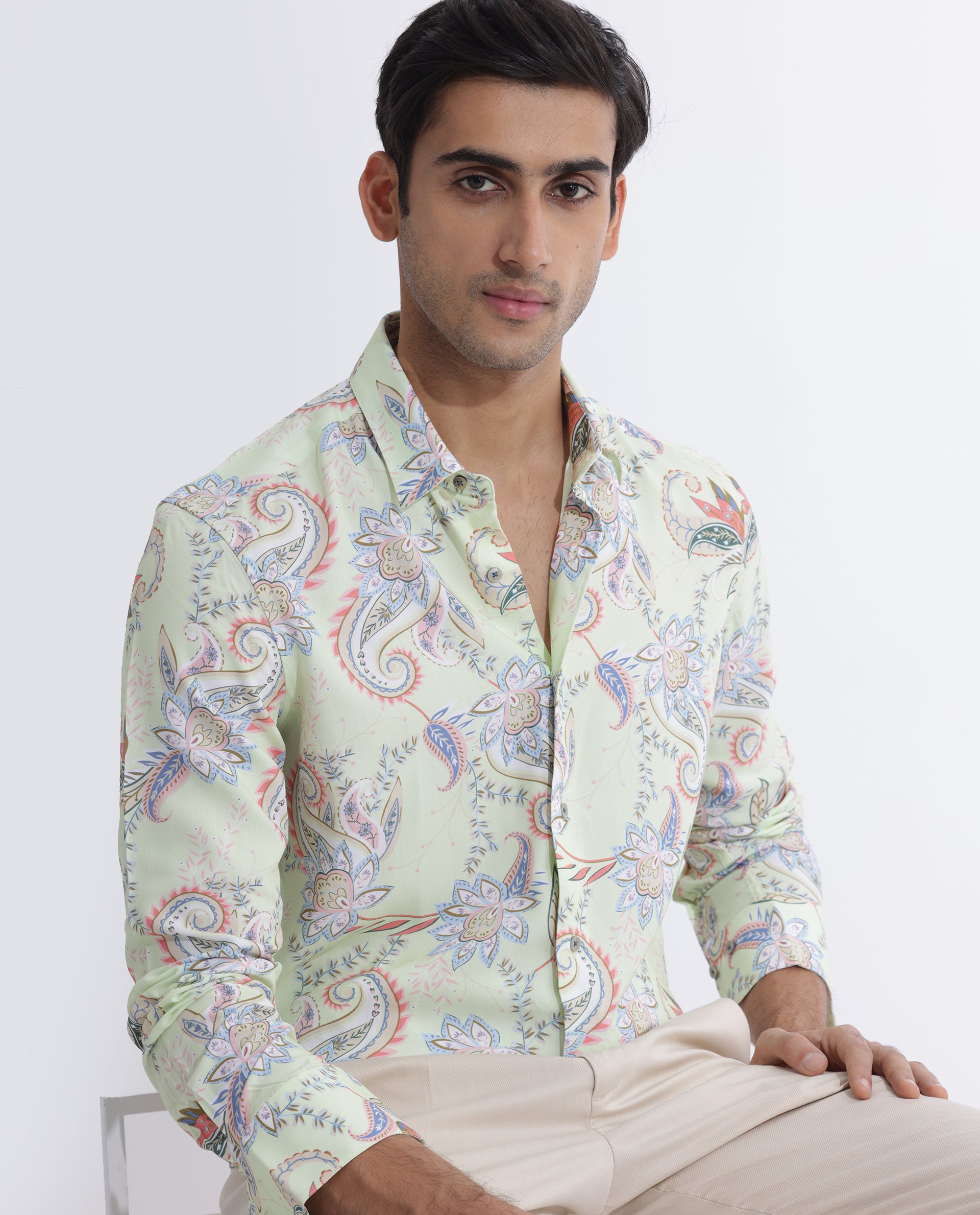 Rare Rabbit Men's Cecilia Green Rayon Linen Fabric Full Sleeves Paisley Print Shirt