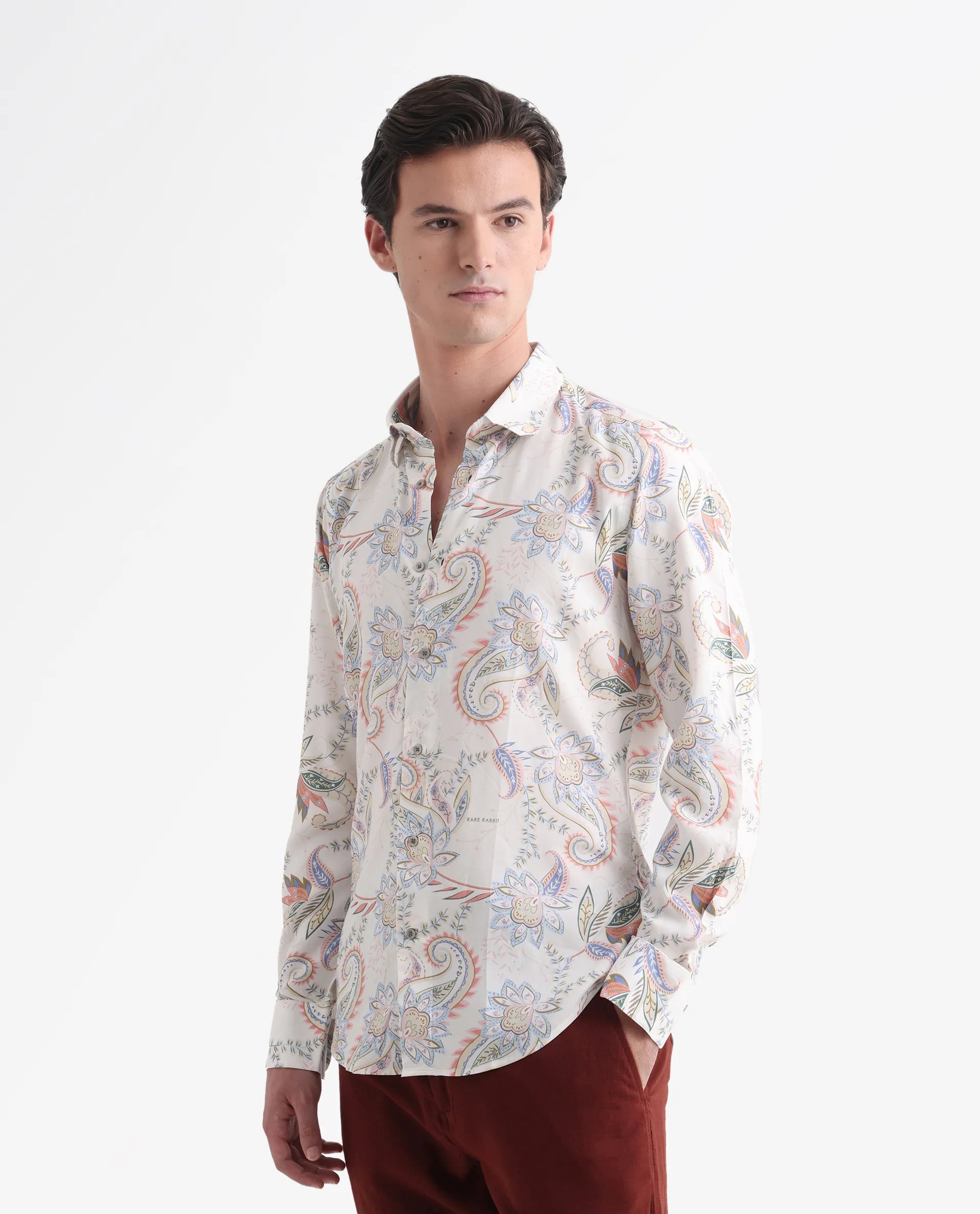 Rare Rabbit Men's Cecilia Off White Viscose Paisley Print Regular Fit Full Sleeve Collared Shirt