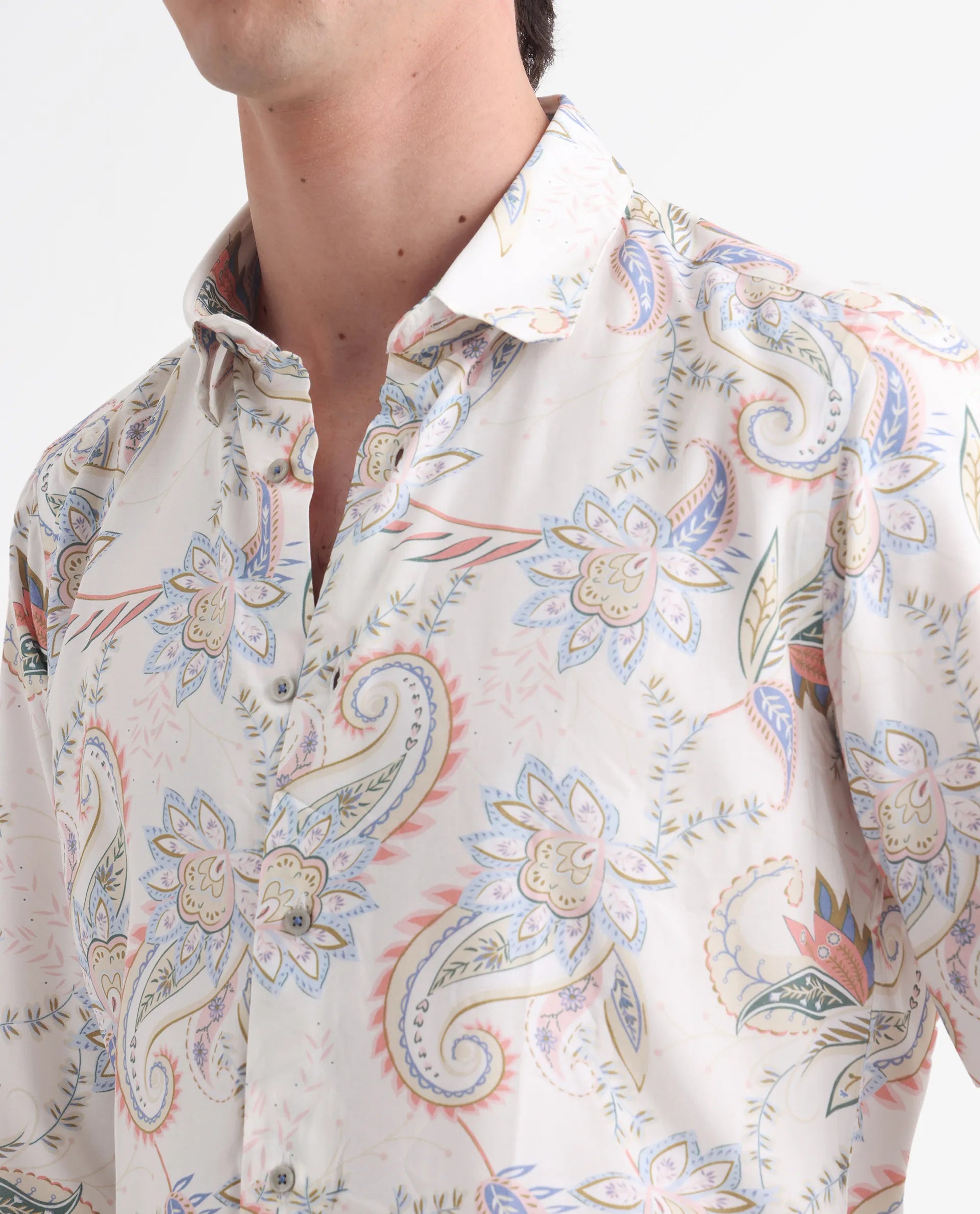 Rare Rabbit Men's Cecilia Off White Viscose Paisley Print Regular Fit Full Sleeve Collared Shirt