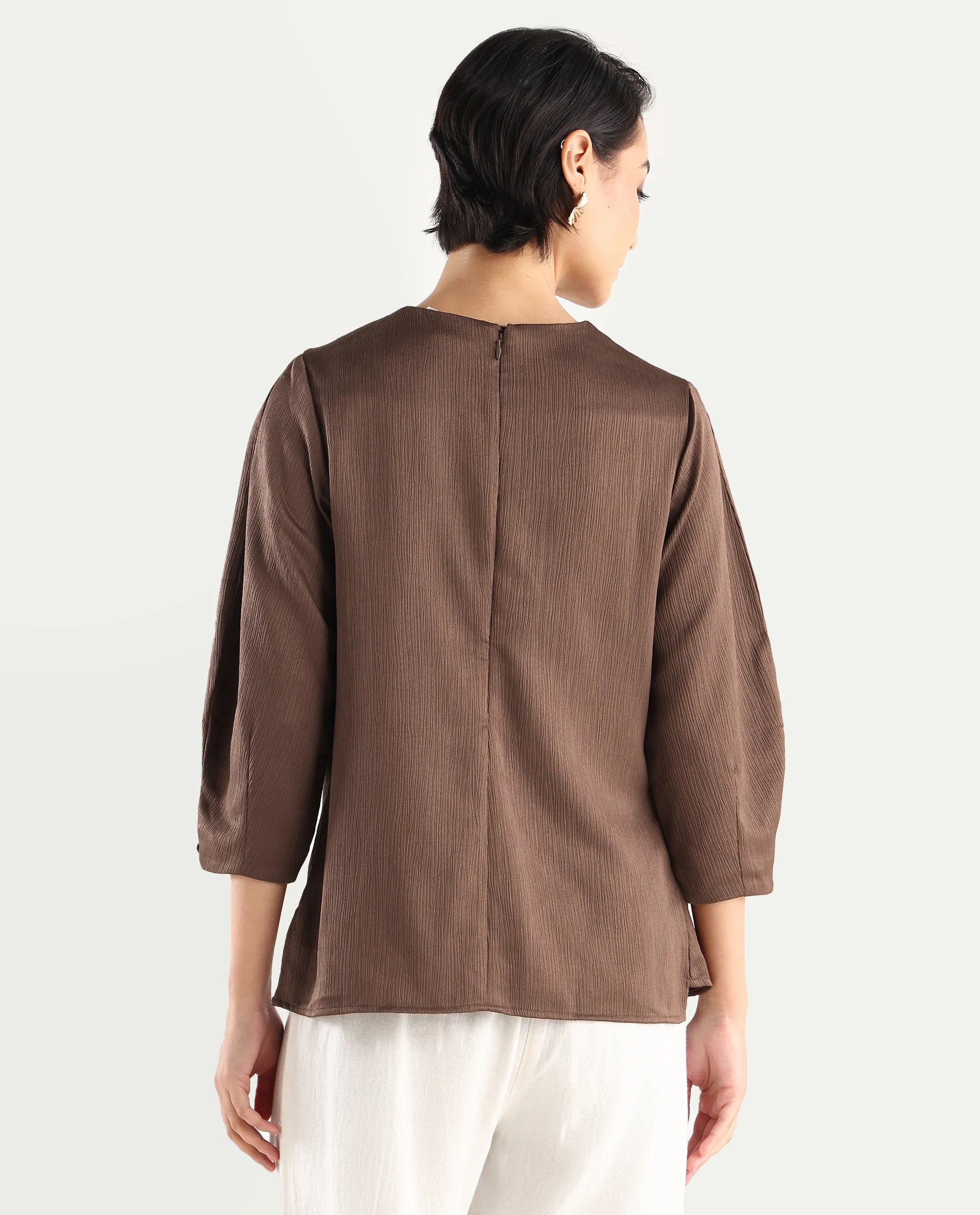 Rareism Women's Ced Brown Polyester Crew Neck Plain Volume Sleeve Regular Fit Top