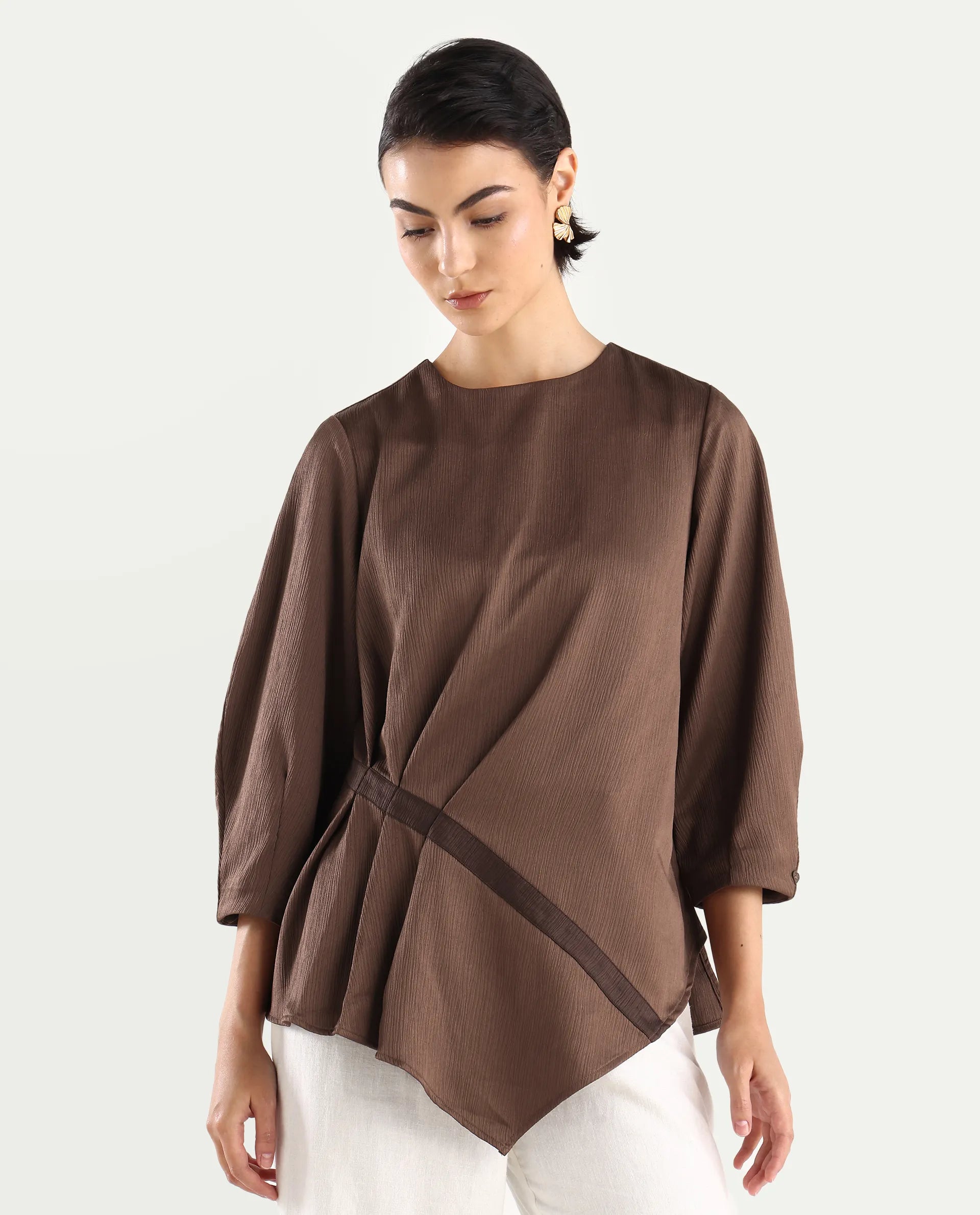 Rareism Women's Ced Brown Polyester Crew Neck Plain Volume Sleeve Regular Fit Top