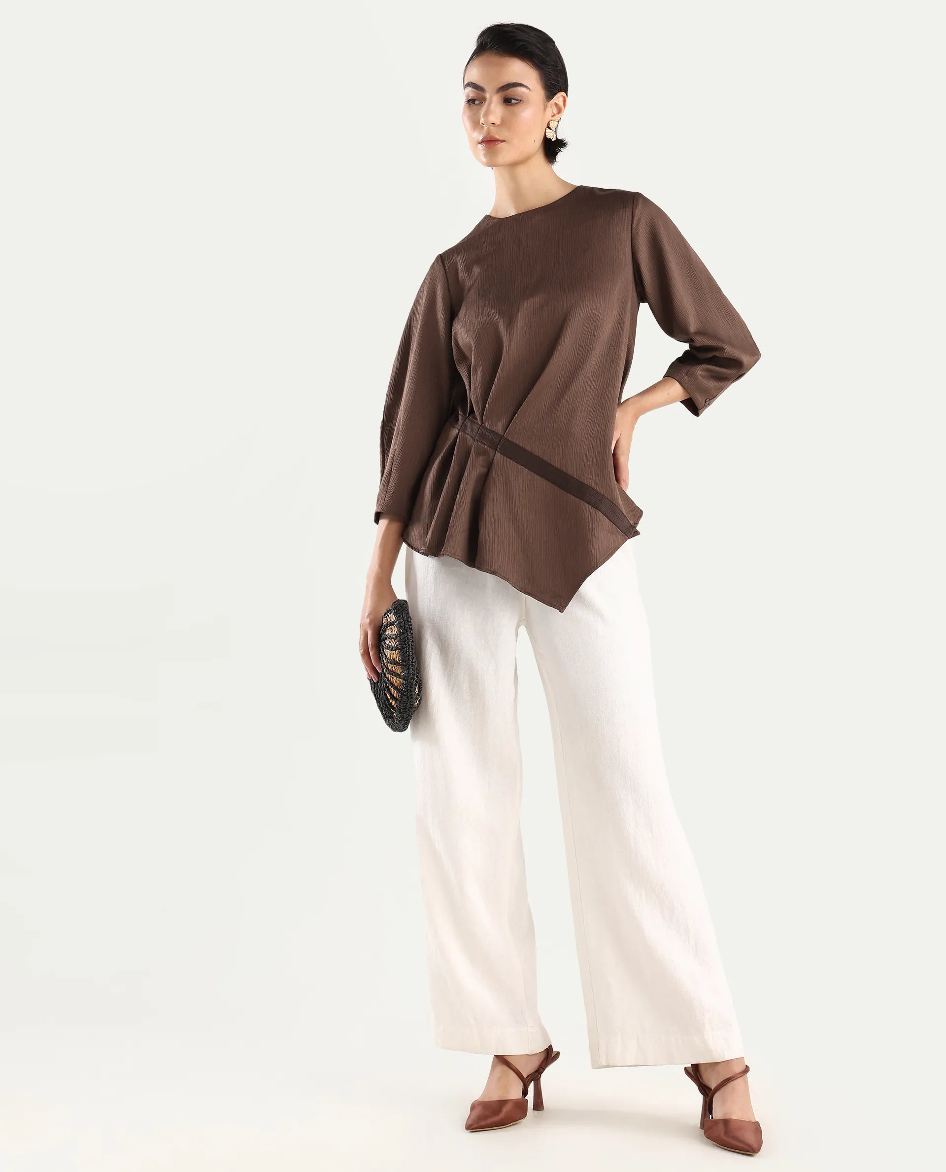 Rareism Women's Ced Brown Polyester Crew Neck Plain Volume Sleeve Regular Fit Top