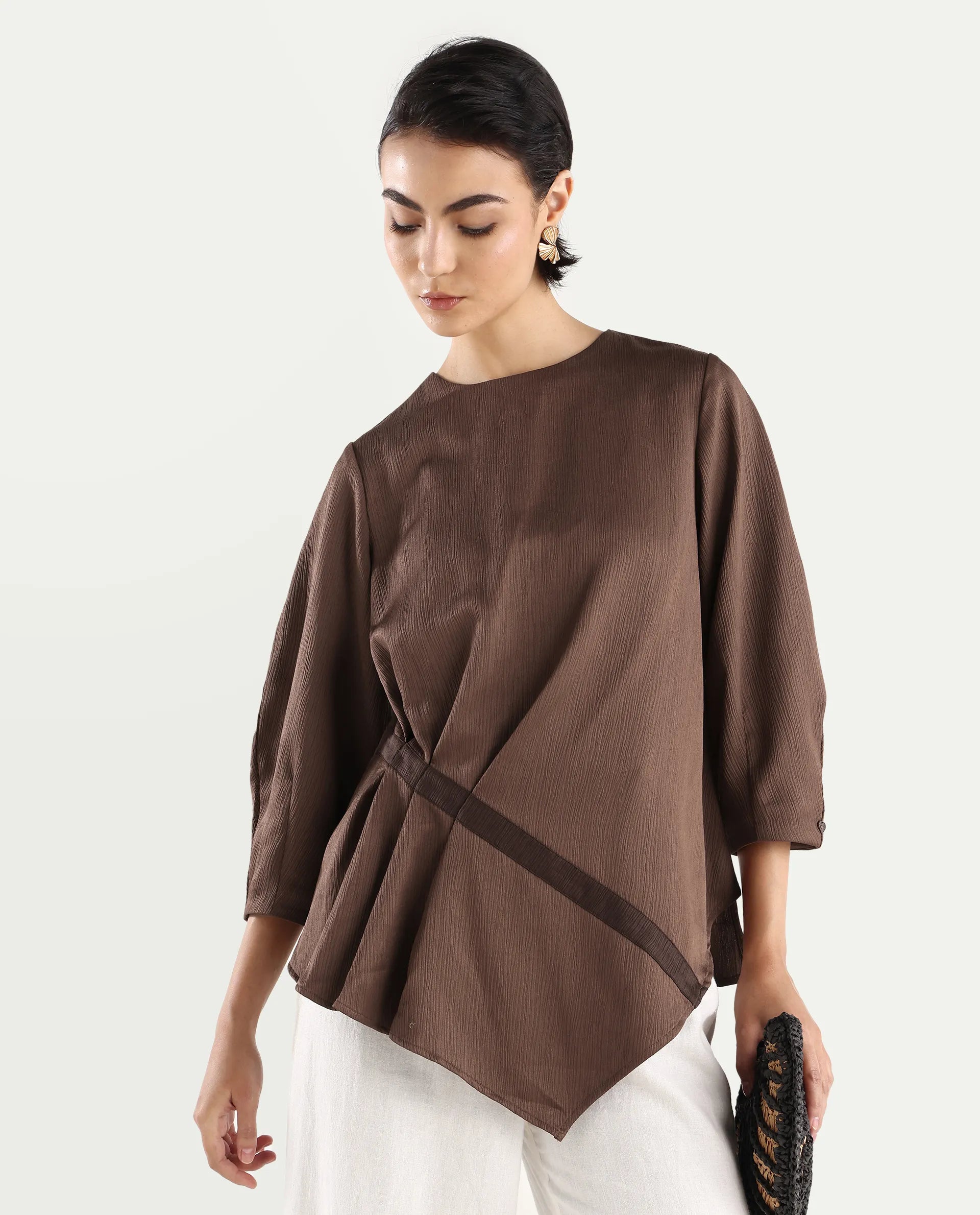 Rareism Women's Ced Brown Polyester Crew Neck Plain Volume Sleeve Regular Fit Top