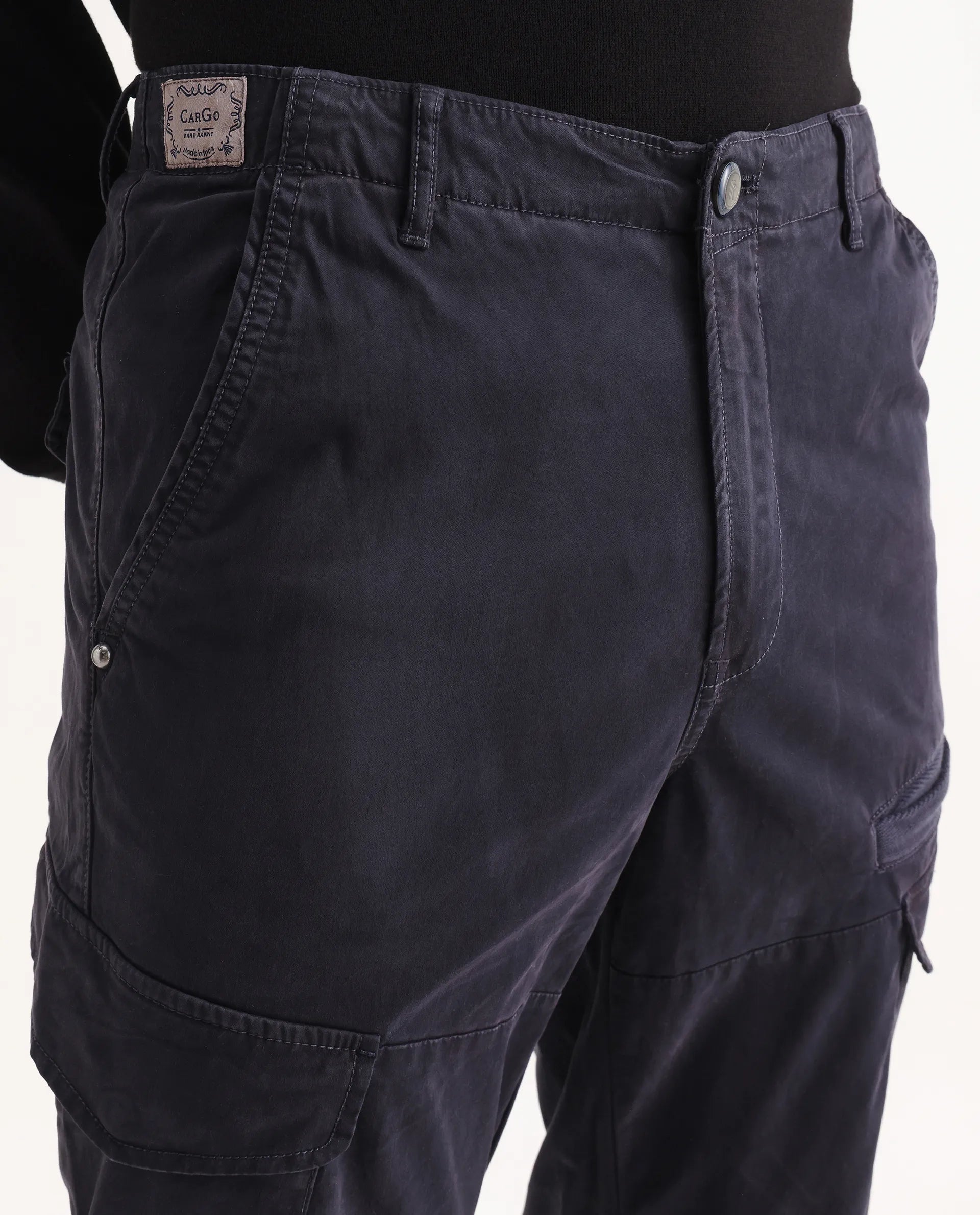 Rare Rabbit Men's Ceder-1 Dark Navy Cotton Blend Plain Regular Fit Trouser