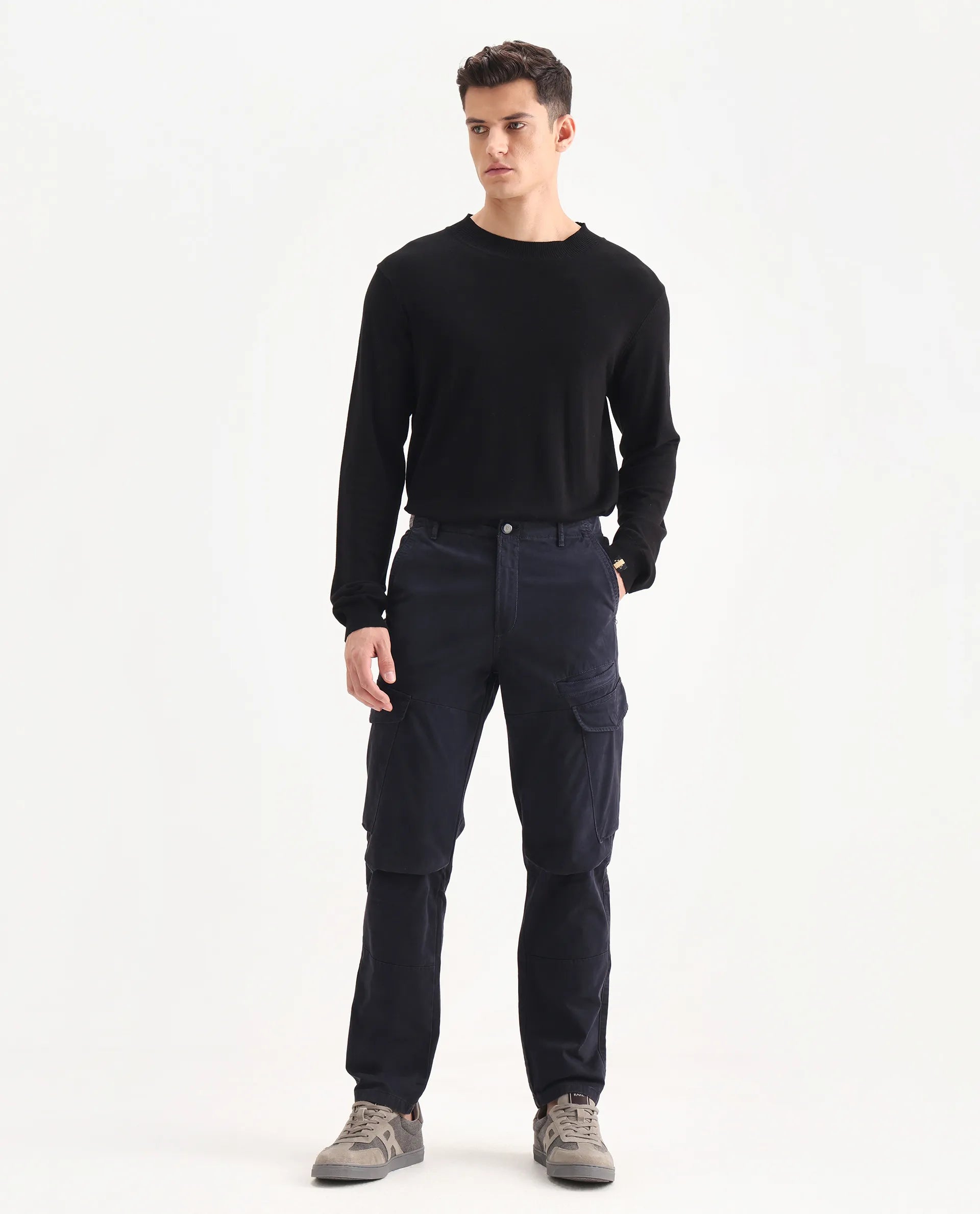 Rare Rabbit Men's Ceder-1 Dark Navy Cotton Blend Plain Regular Fit Trouser