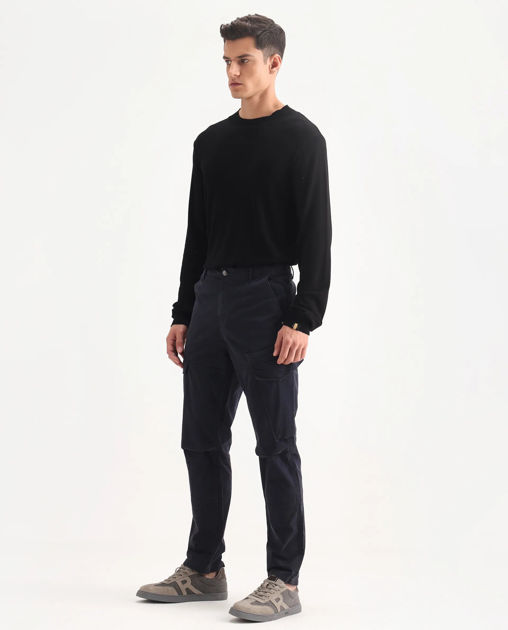 Rare Rabbit Men's Ceder-1 Dark Navy Cotton Blend Plain Regular Fit Trouser