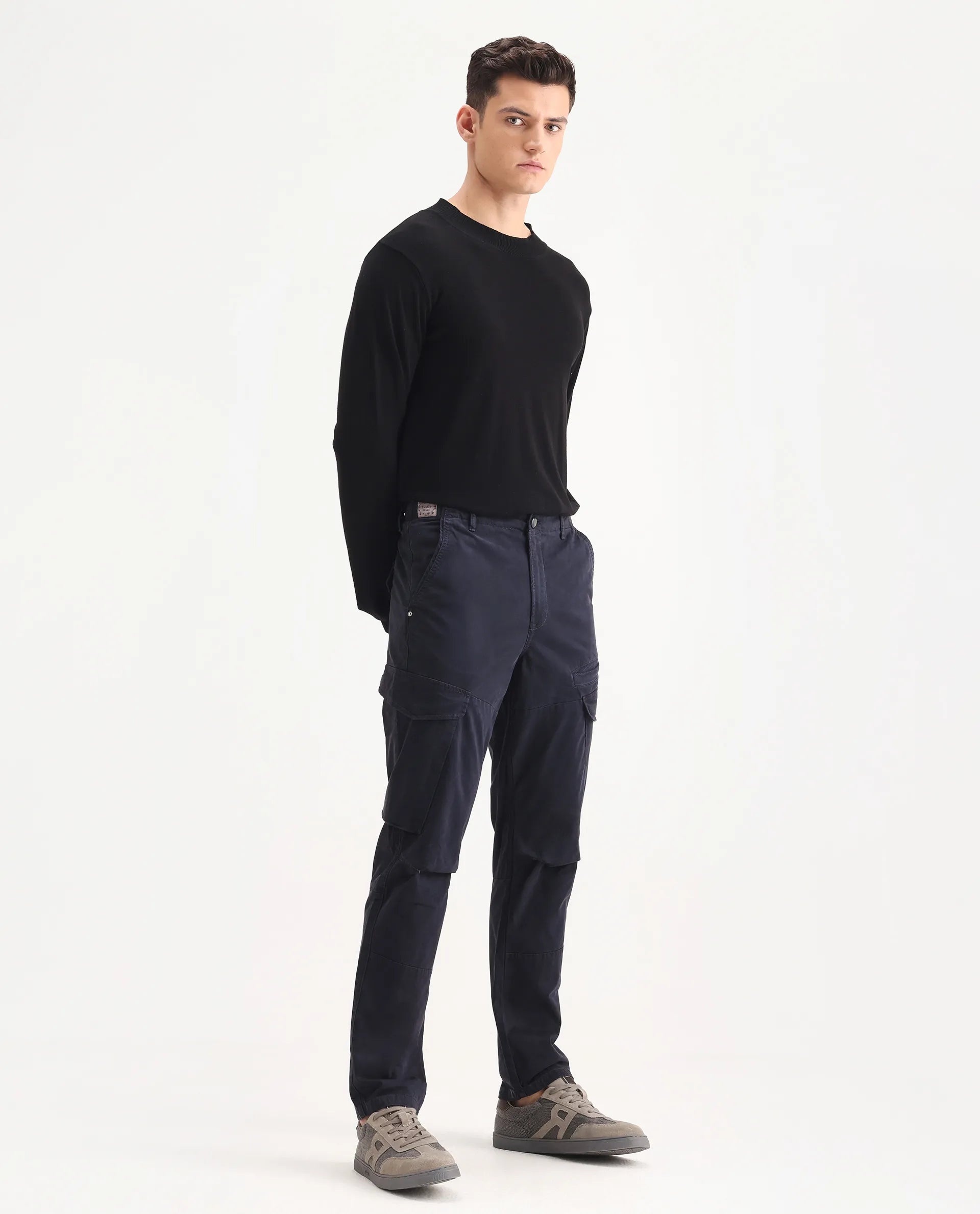 Rare Rabbit Men's Ceder-1 Dark Navy Cotton Blend Plain Regular Fit Trouser