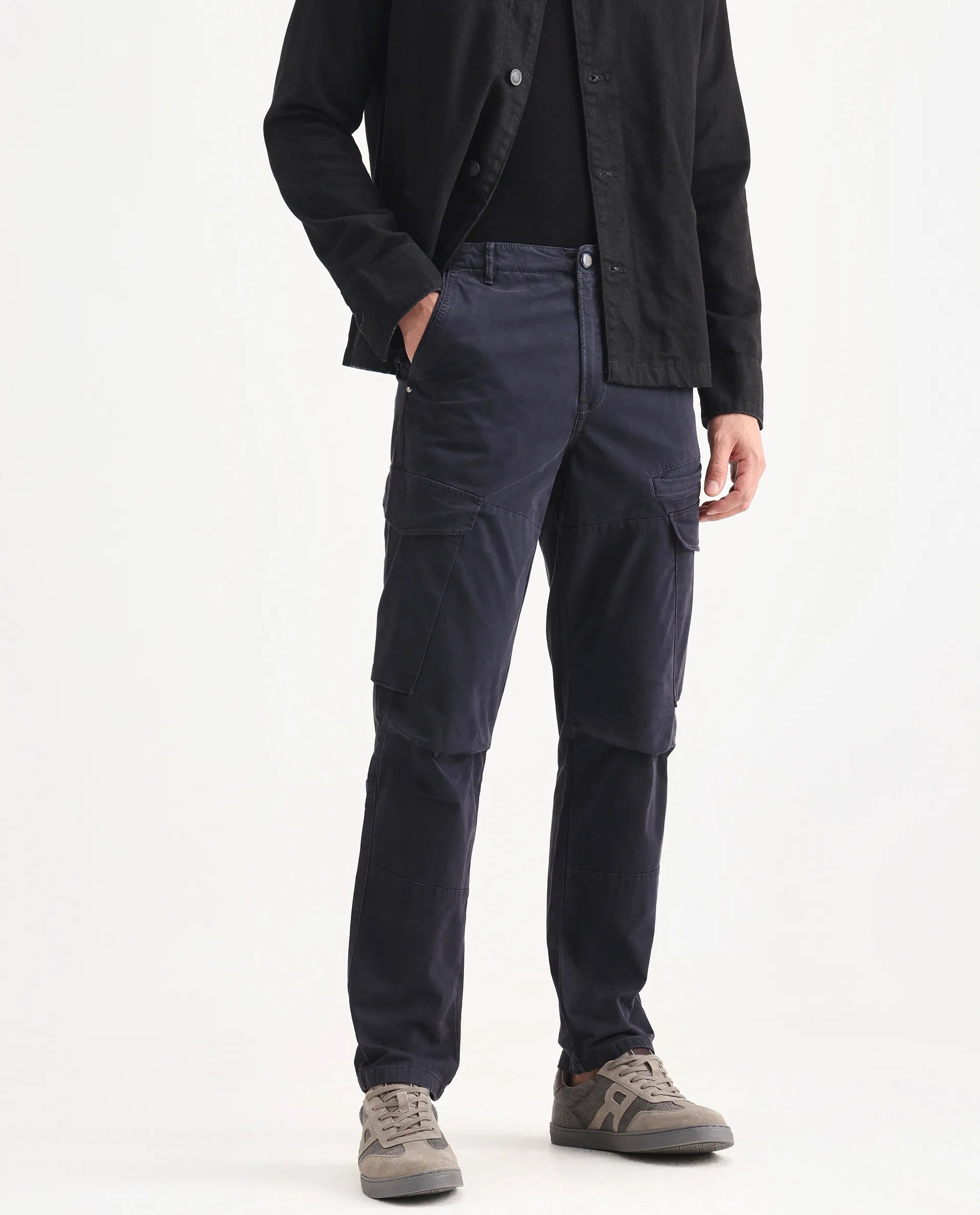 Rare Rabbit Men's Ceder-1 Dark Navy Cotton Blend Plain Regular Fit Trouser