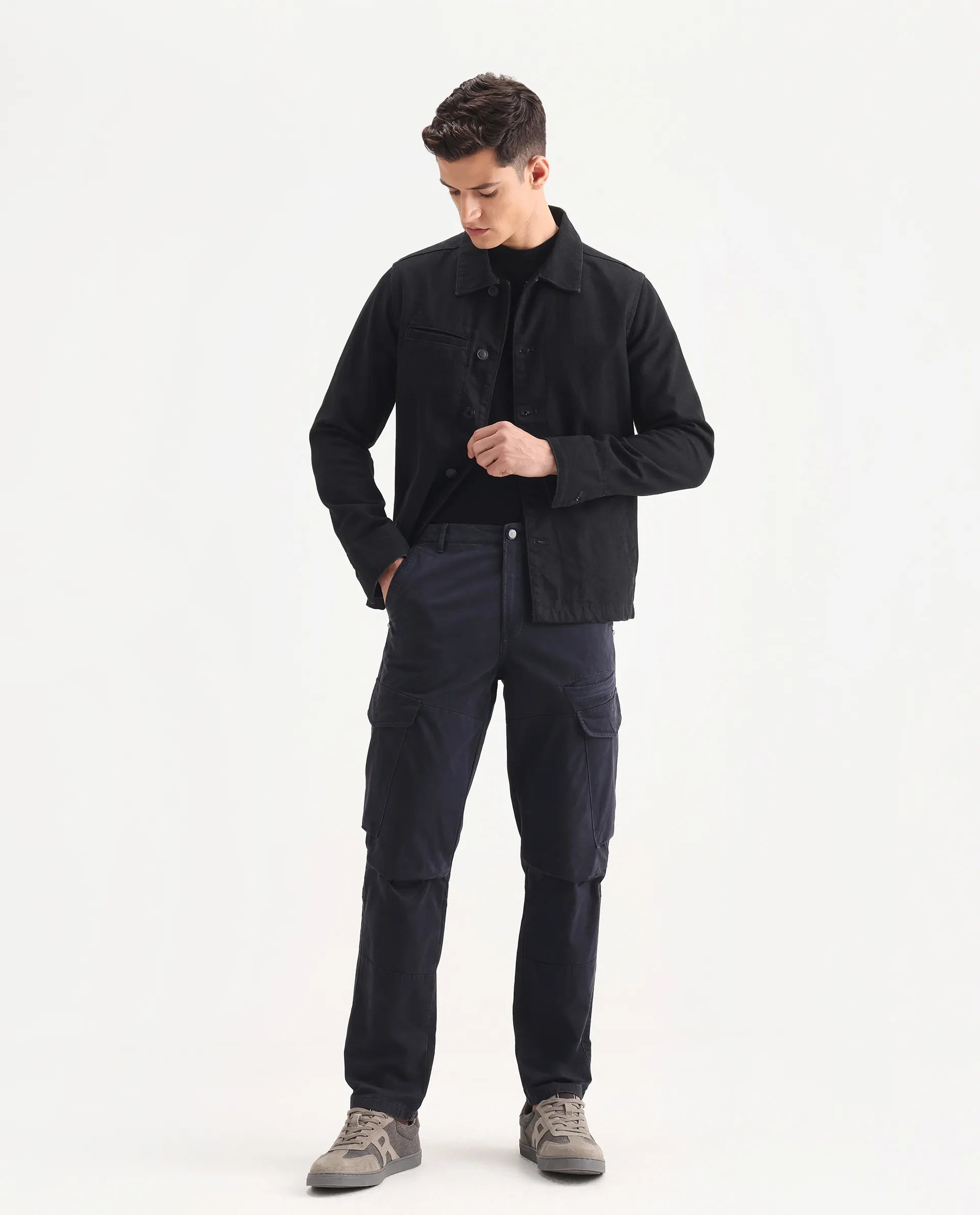 Rare Rabbit Men's Ceder-1 Dark Navy Cotton Blend Plain Regular Fit Trouser