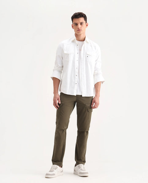 Rare Rabbit Men's Ceder-1 Olive Cotton Blend Plain Regular Fit Trouser