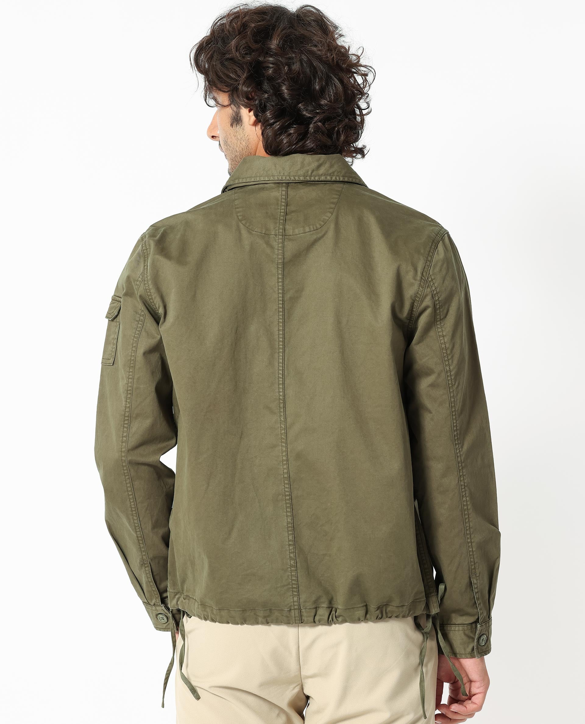 Rare Rabbit Men's Cedro Olive Cotton Lycra Fabric Full Sleeves Dyed Cargo Jacket