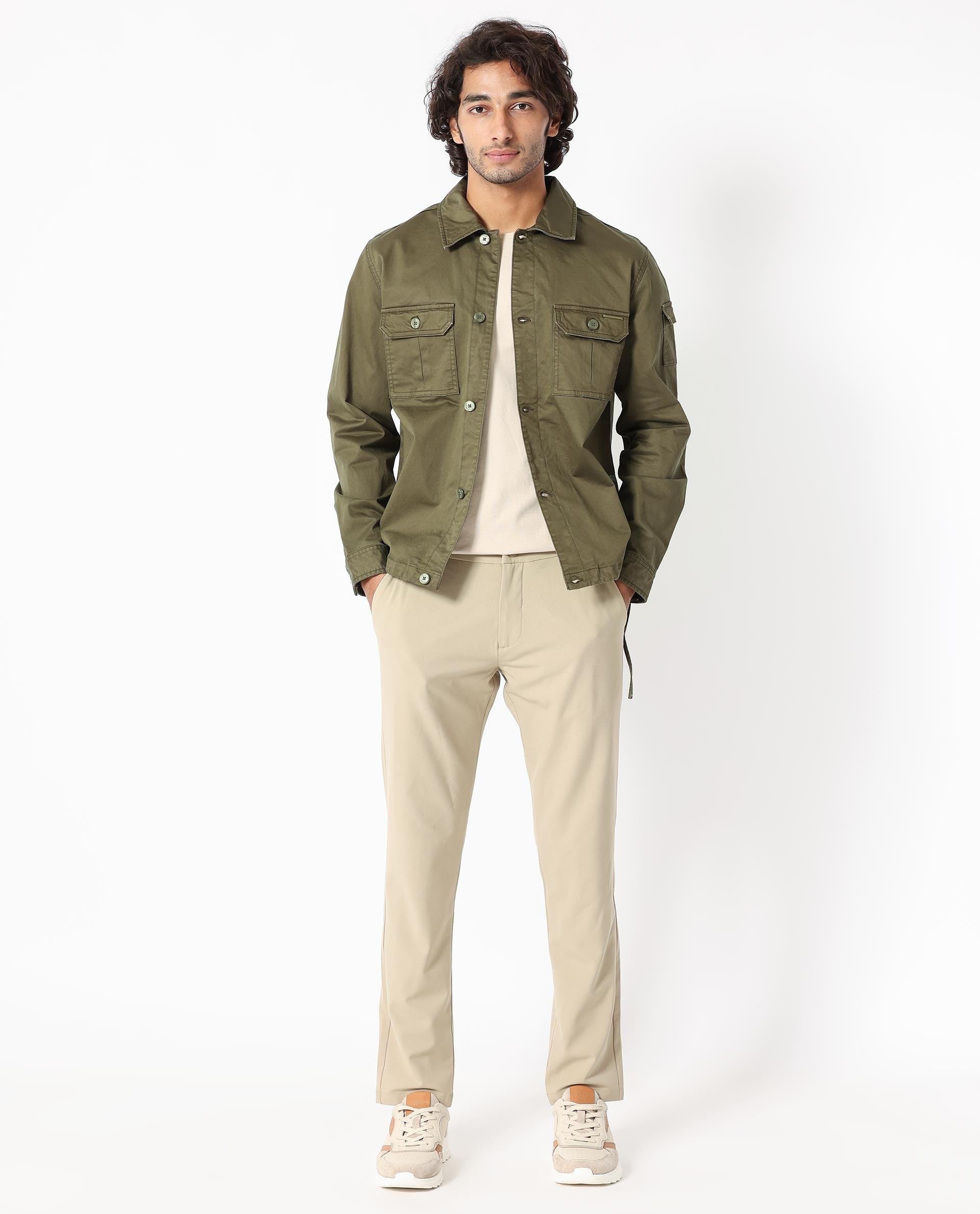 Rare Rabbit Men's Cedro Olive Cotton Lycra Fabric Full Sleeves Dyed Cargo Jacket
