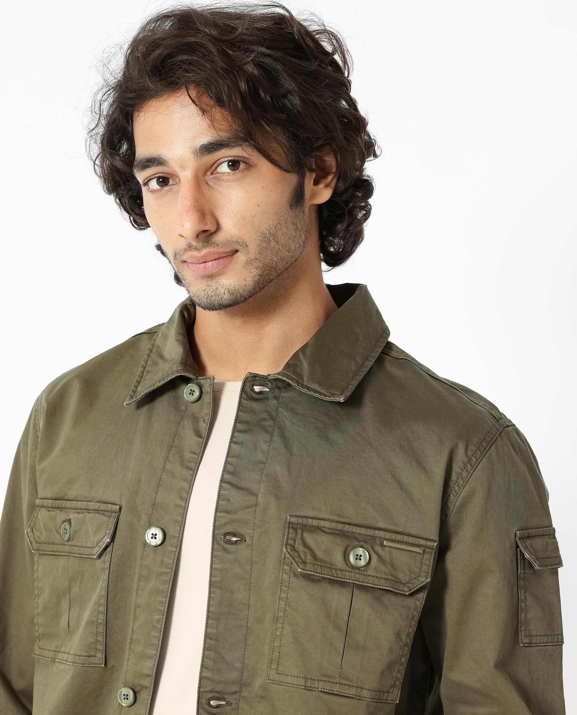 Rare Rabbit Men's Cedro Olive Cotton Lycra Fabric Full Sleeves Dyed Cargo Jacket