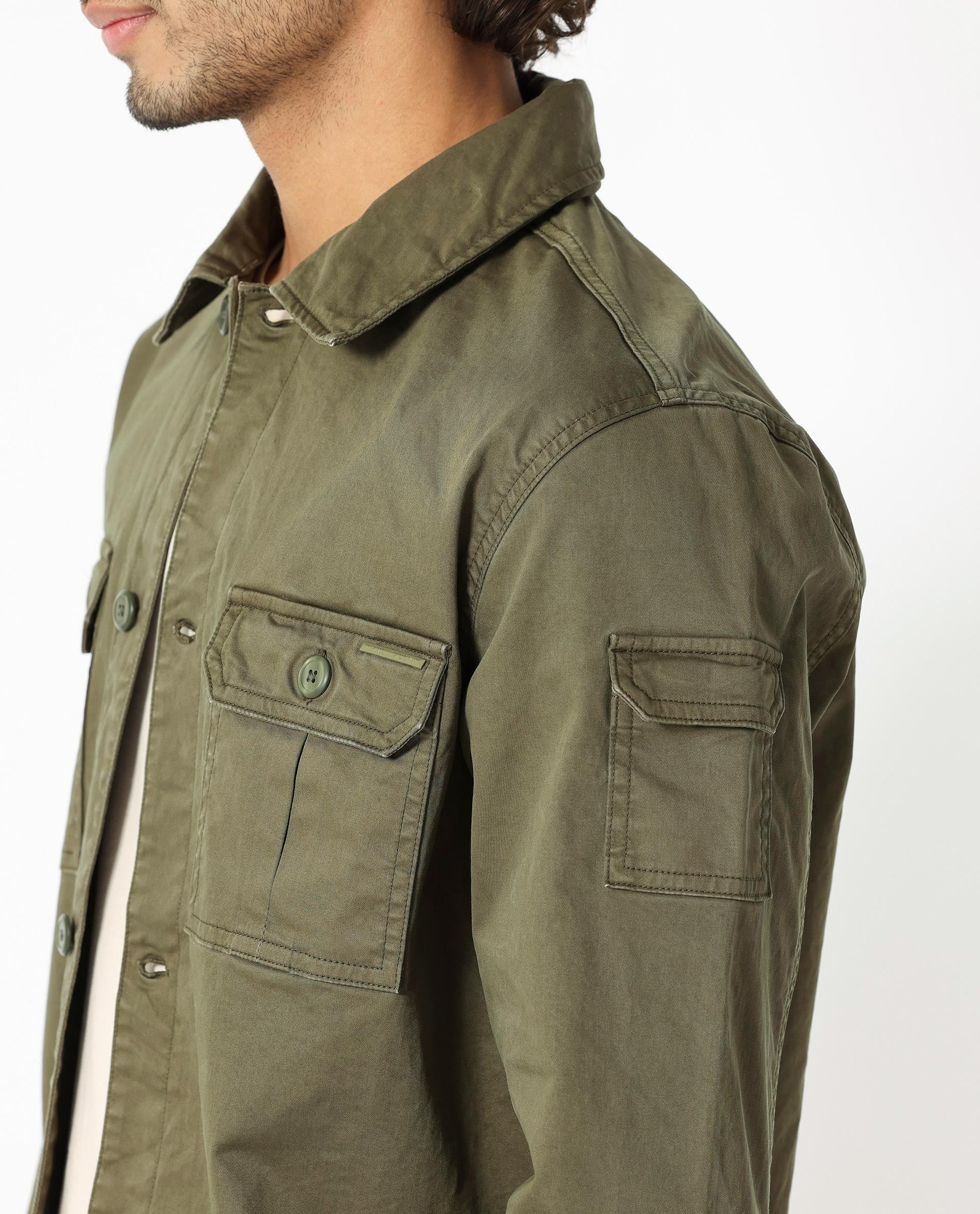 Rare Rabbit Men's Cedro Olive Cotton Lycra Fabric Full Sleeves Dyed Cargo Jacket