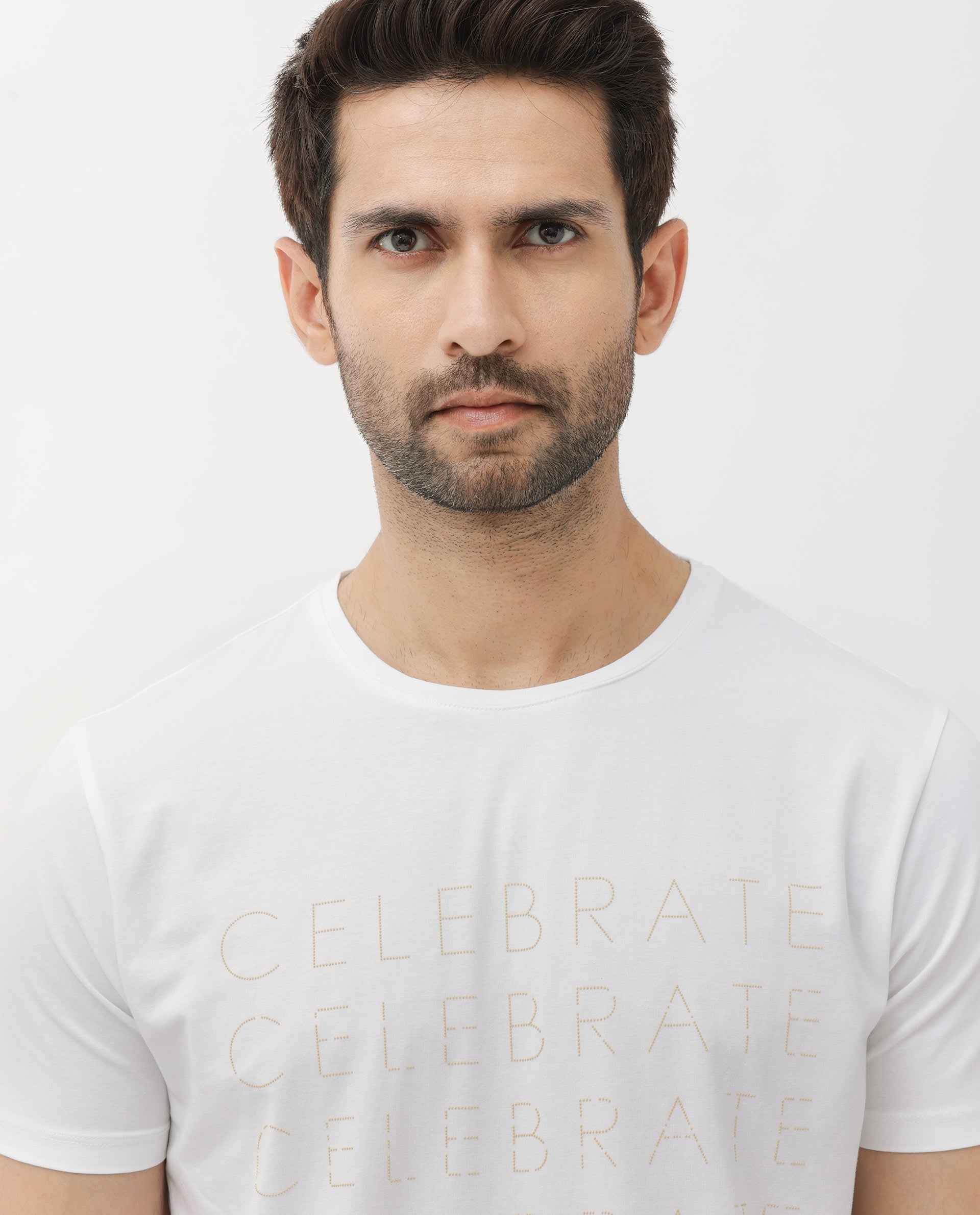 Rare Rabbit Articale Men's Celebrate-1 White Crew Neck Regular Fit Knit Typography Print T-Shirt