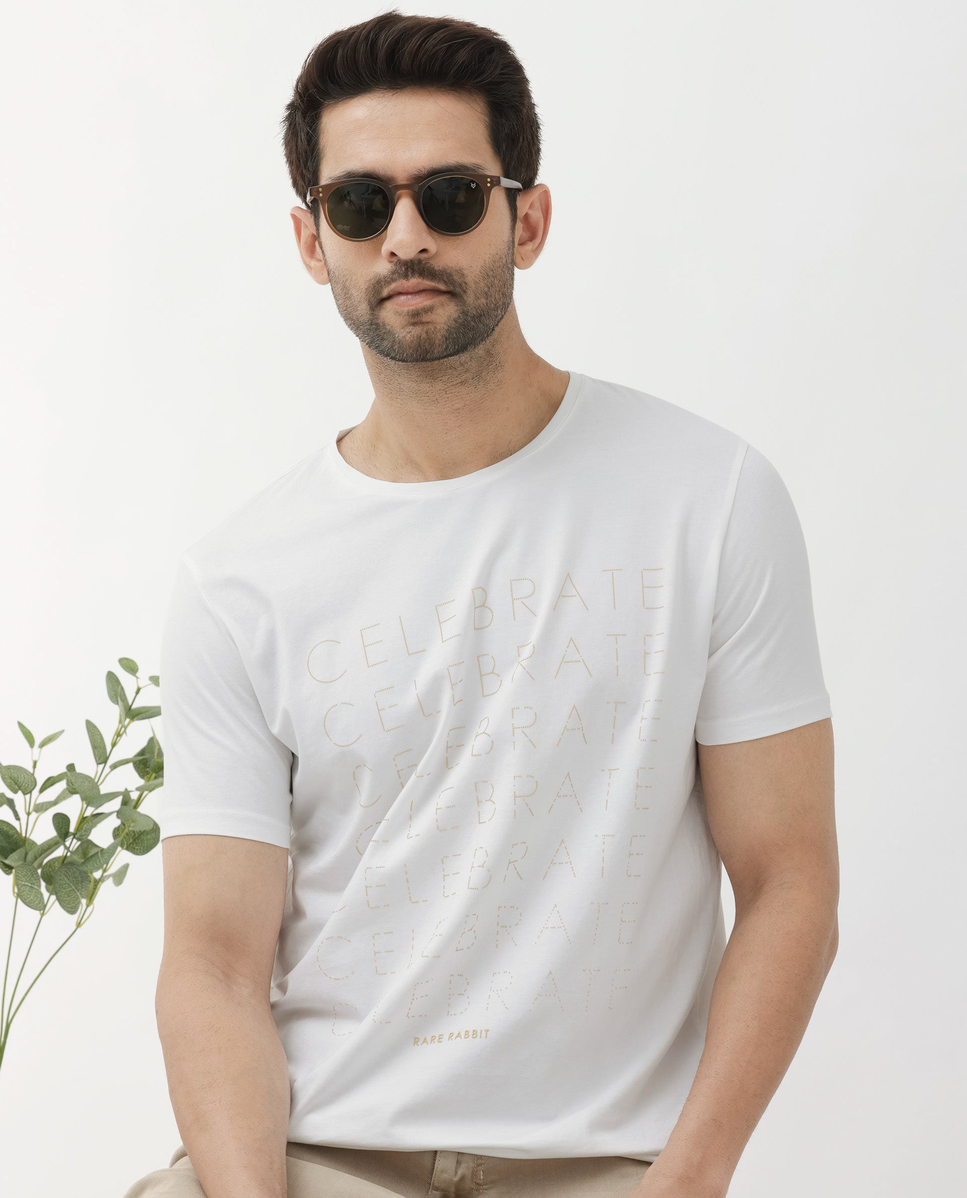 Rare Rabbit Articale Men's Celebrate-1 White Crew Neck Regular Fit Knit Typography Print T-Shirt