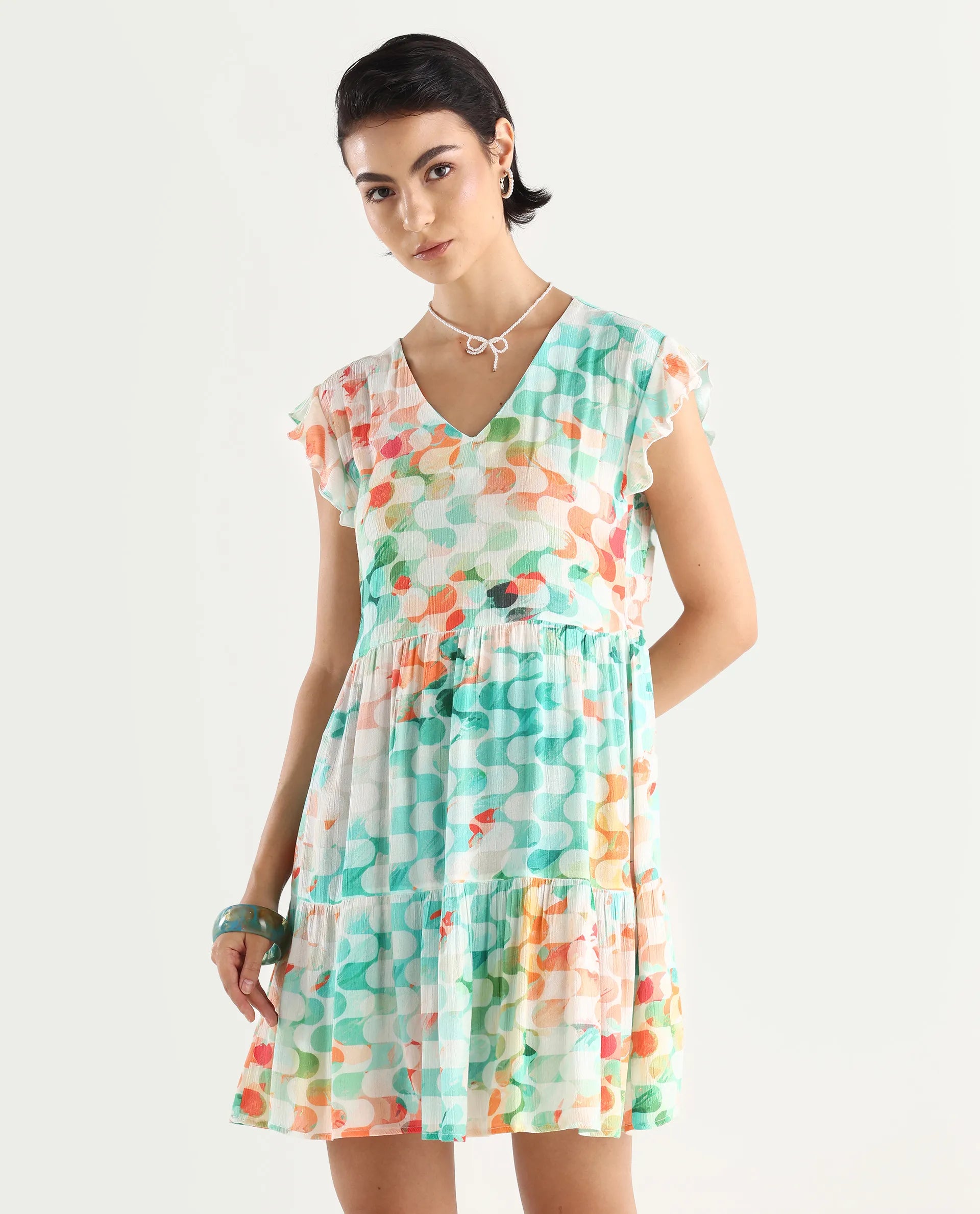 Rareism Women's Celentie Flouroscent Multi V-Neck Geometric Print Ruffled Sleeve Mini Fit And Flare Dress