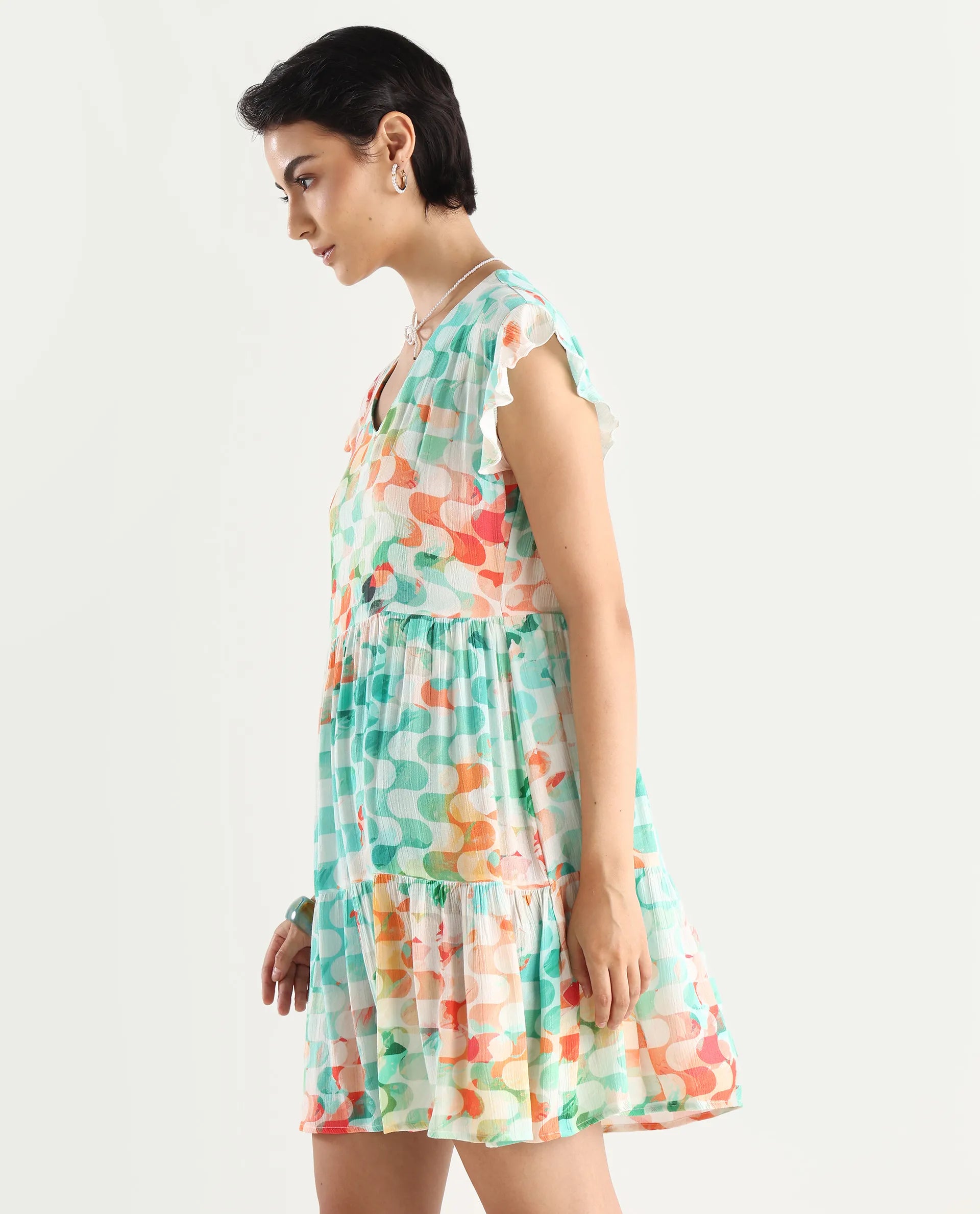 Rareism Women's Celentie Flouroscent Multi V-Neck Geometric Print Ruffled Sleeve Mini Fit And Flare Dress