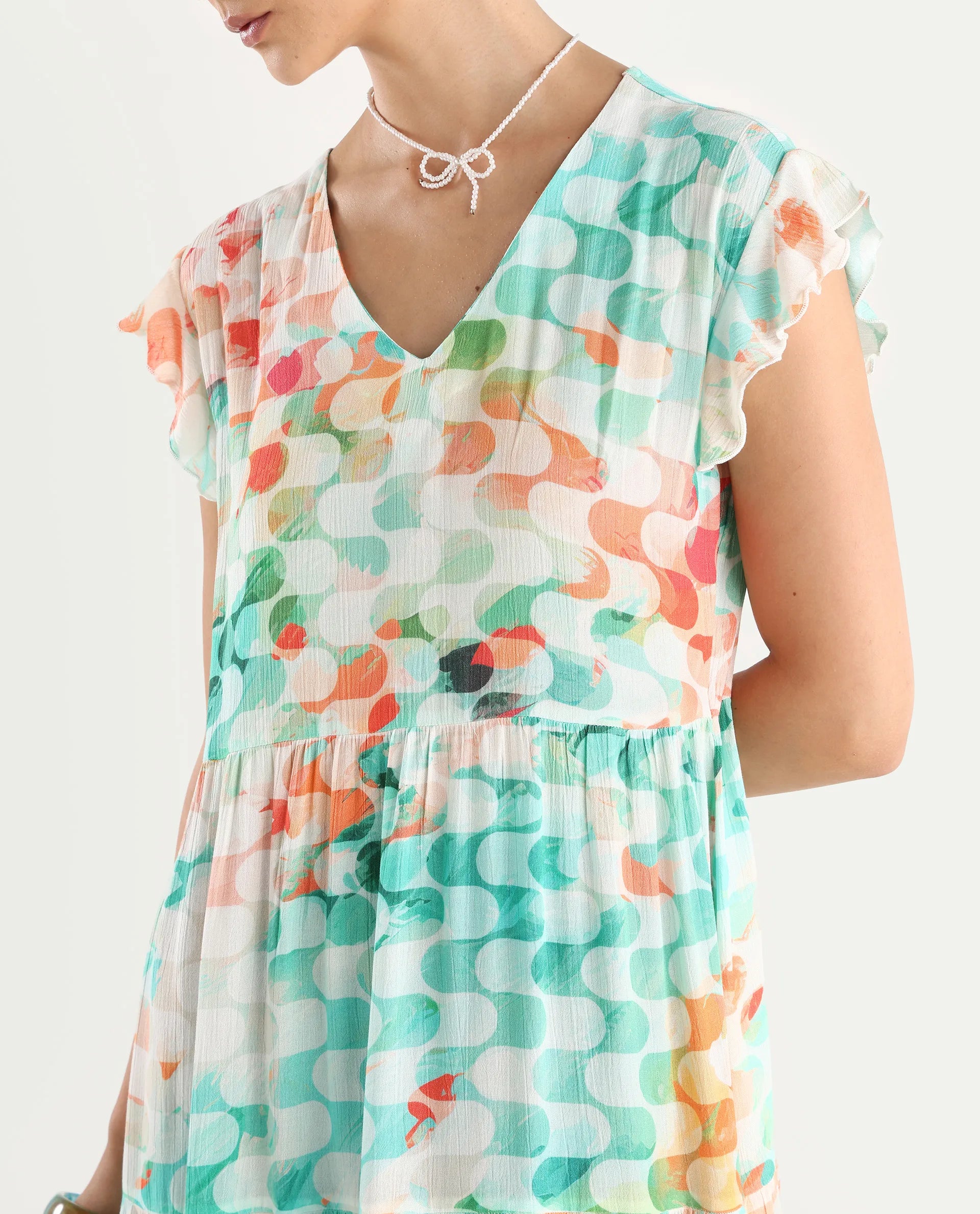 Rareism Women's Celentie Flouroscent Multi V-Neck Geometric Print Ruffled Sleeve Mini Fit And Flare Dress