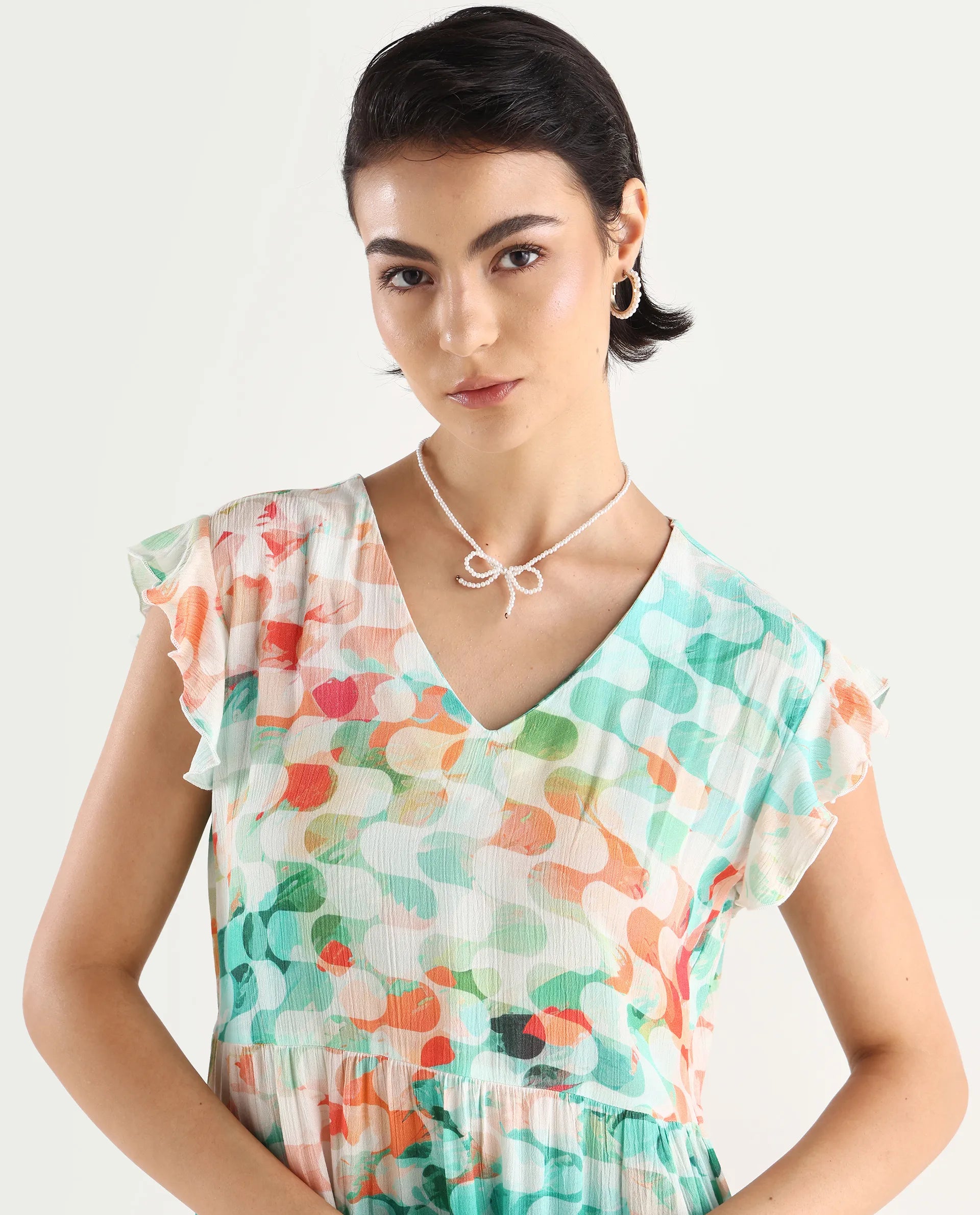 Rareism Women's Celentie Flouroscent Multi V-Neck Geometric Print Ruffled Sleeve Mini Fit And Flare Dress