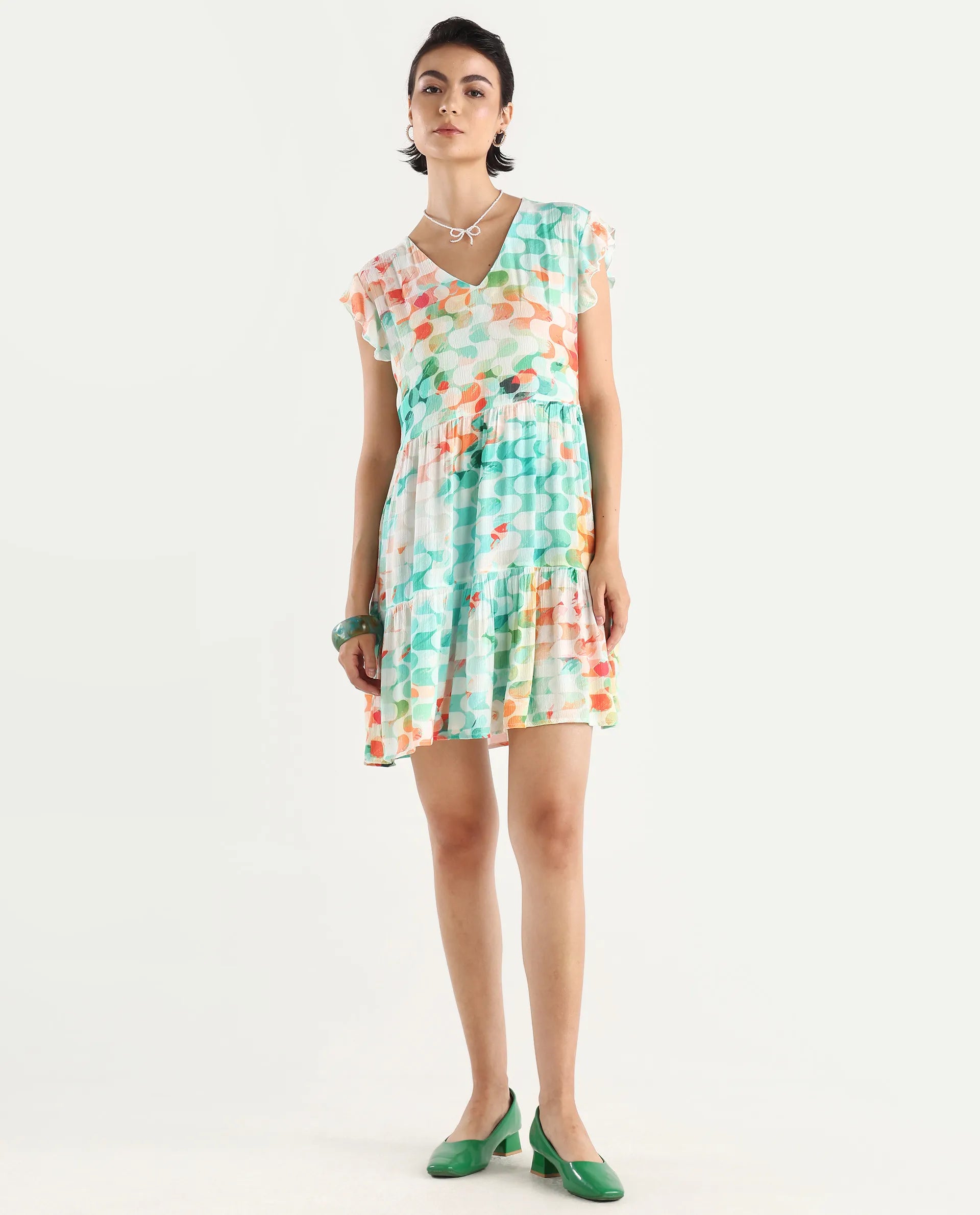 Rareism Women's Celentie Flouroscent Multi V-Neck Geometric Print Ruffled Sleeve Mini Fit And Flare Dress