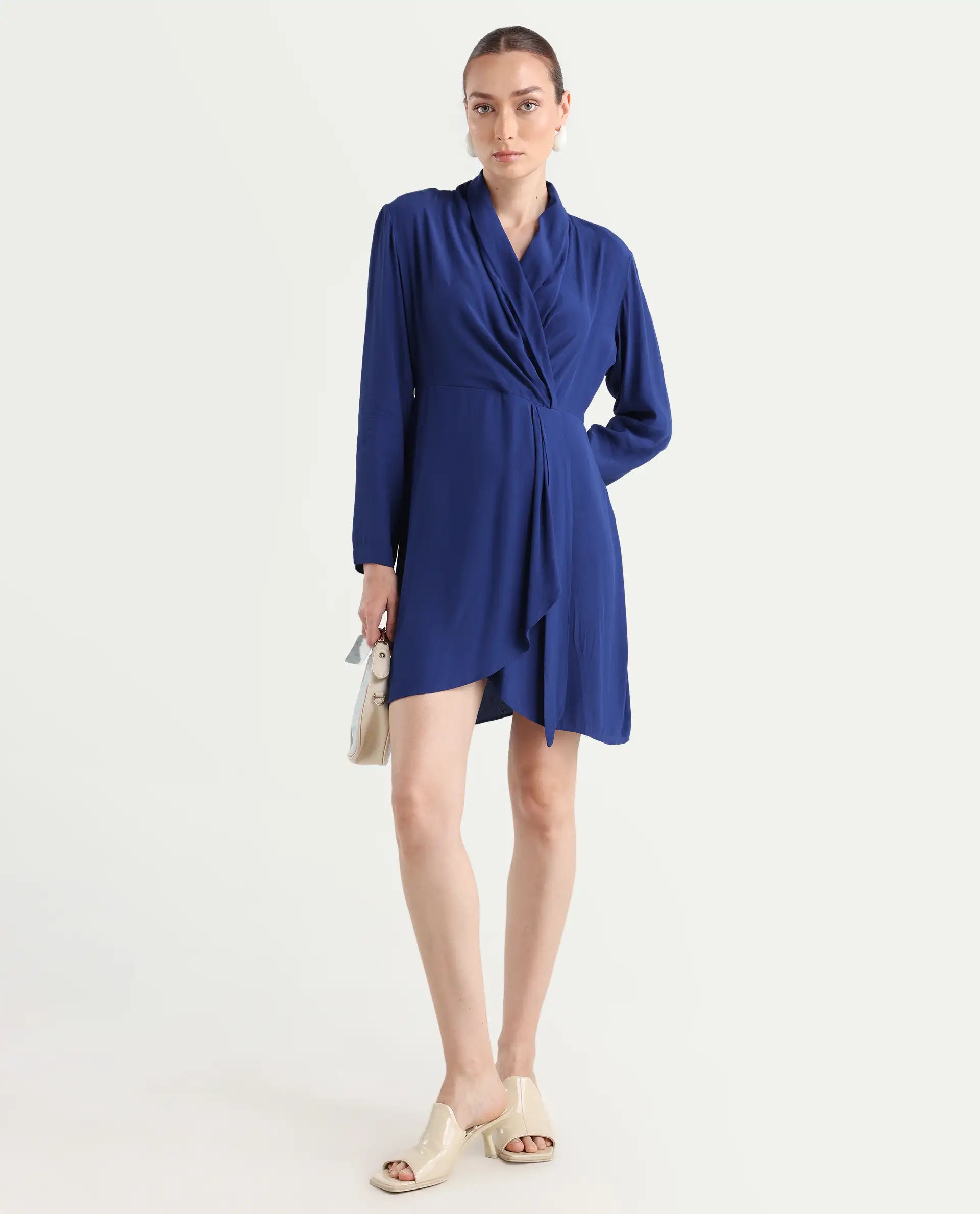 Rareism Women's Celler Flouroscent Blue Rayon Lapel Neck Plain Mini Wrap Dress