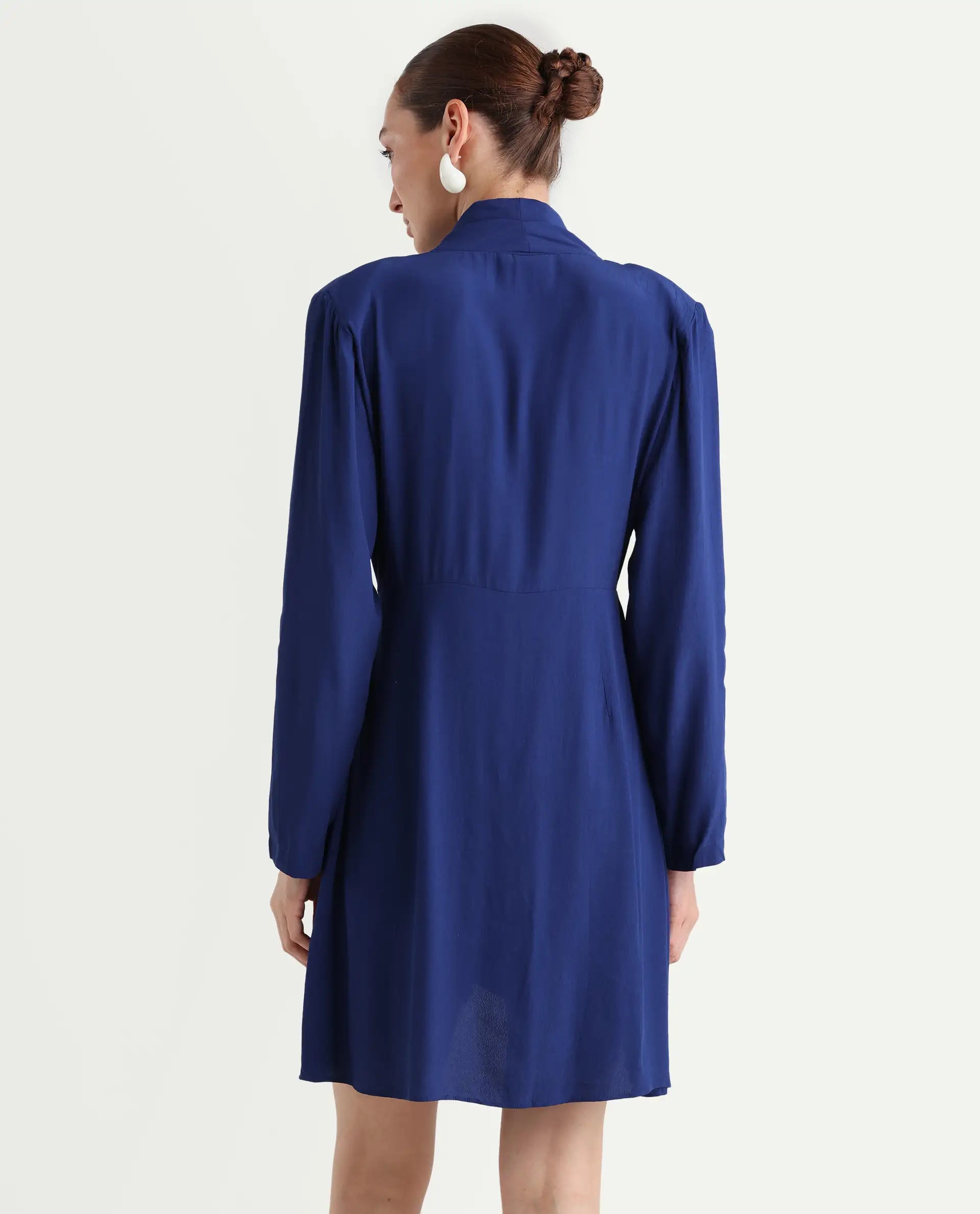 Rareism Women's Celler Flouroscent Blue Rayon Lapel Neck Plain Mini Wrap Dress