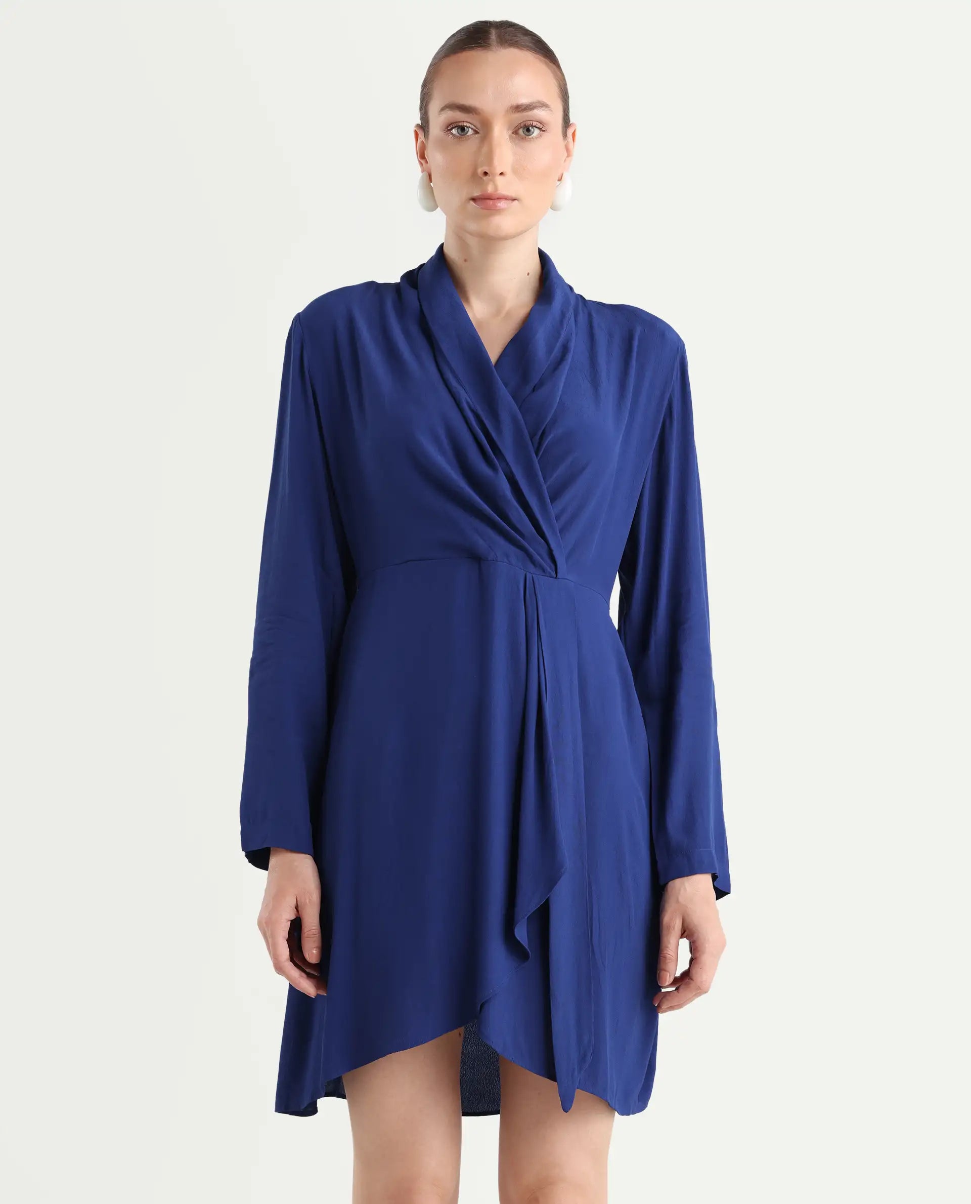 Rareism Women's Celler Flouroscent Blue Rayon Lapel Neck Plain Mini Wrap Dress